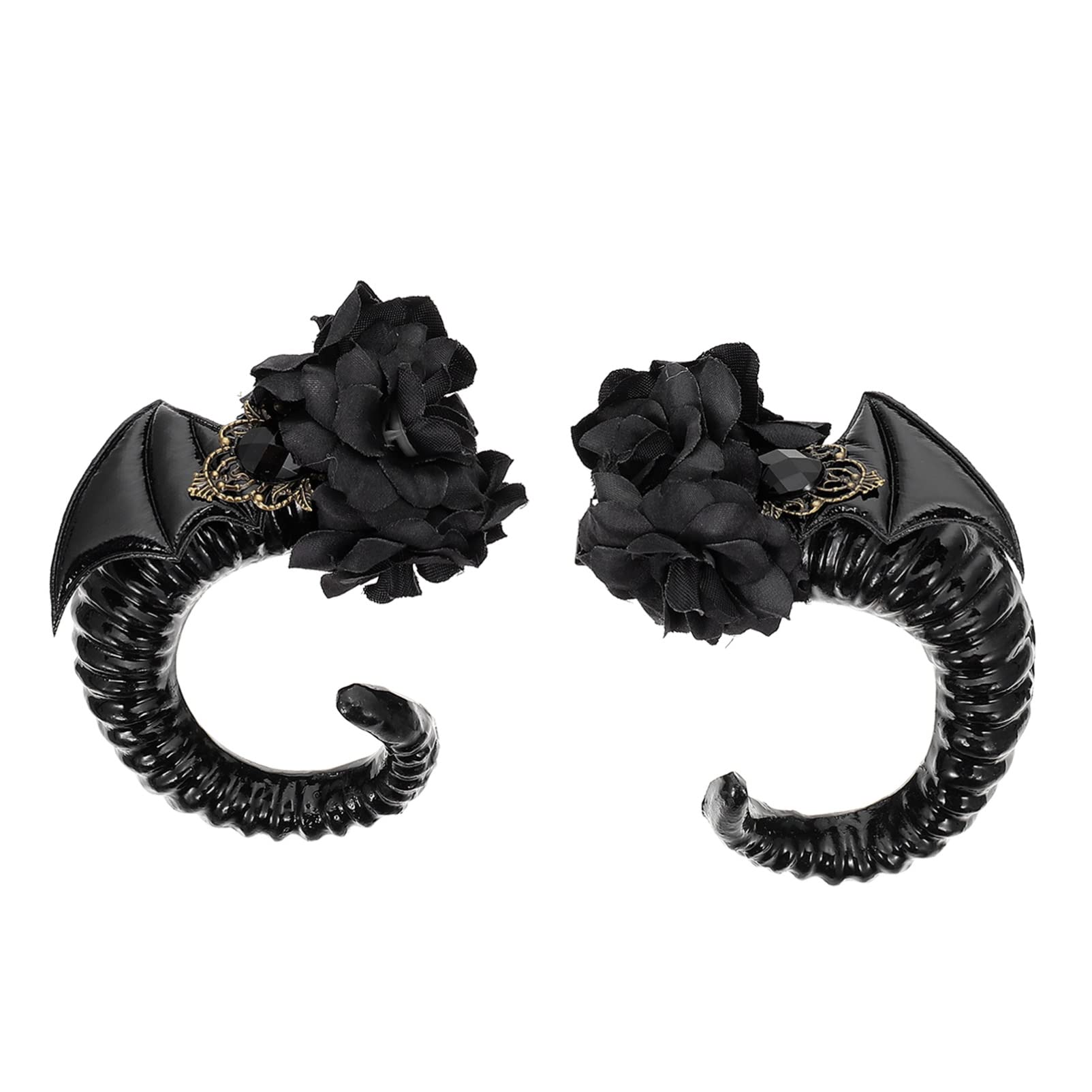2PCS Gothic Devil Horn Hair Clips - Large Black Sheep Horn Rose Flower Barrettes for Women, Halloween Cosplay Accessories, Photography Props & Gothic Headwear | Perfect for Costume Parties, Themed Events & Dark Fashion Styles