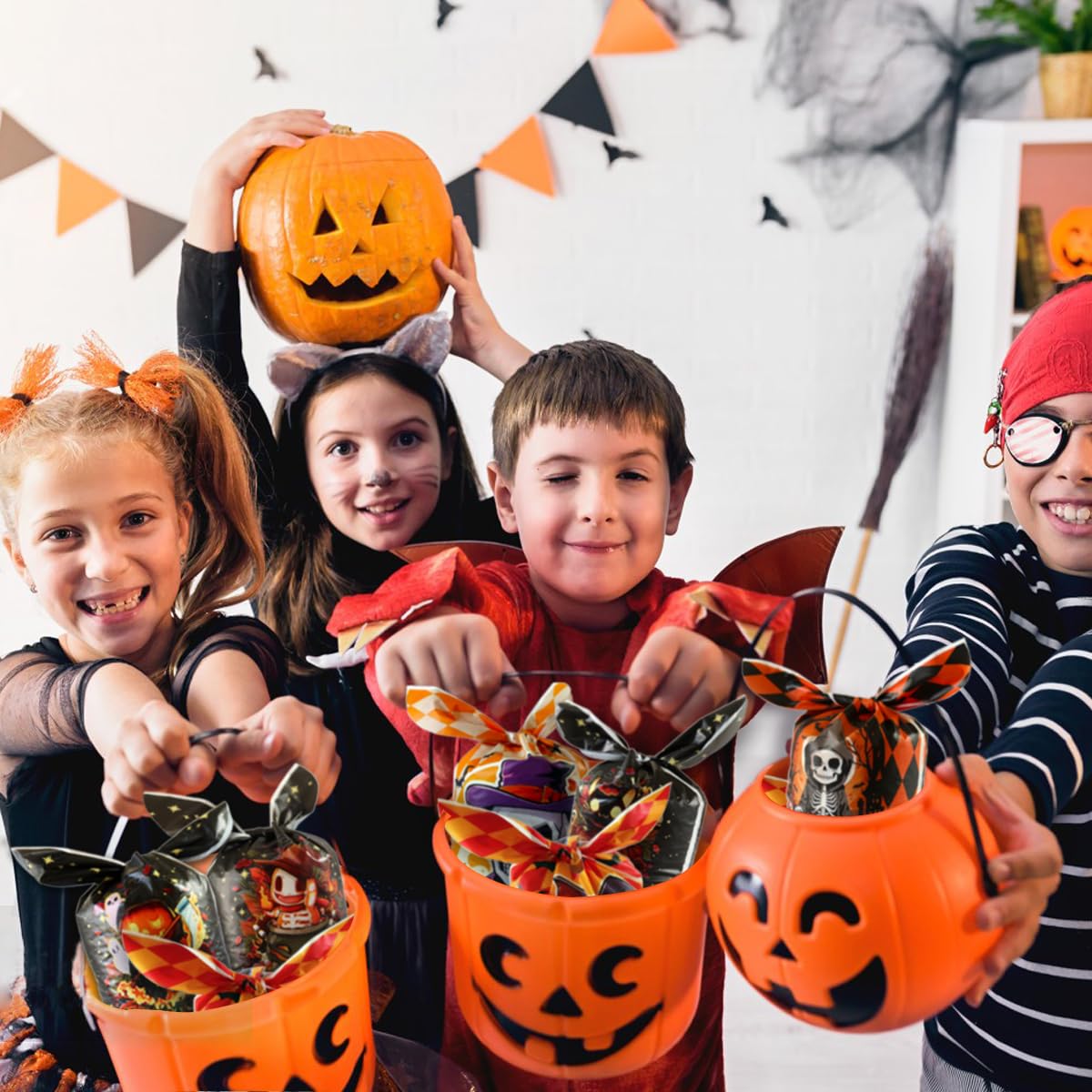 100Pcs Halloween Treat Bags - 6 Style Cute Rabbit Ear Plastic Candy Bags for Kids, Trick or Treat Party Favors & Goodie Gifts | Perfect for Halloween Parties, Classroom Treats & Neighborhood Trick-or-Treating