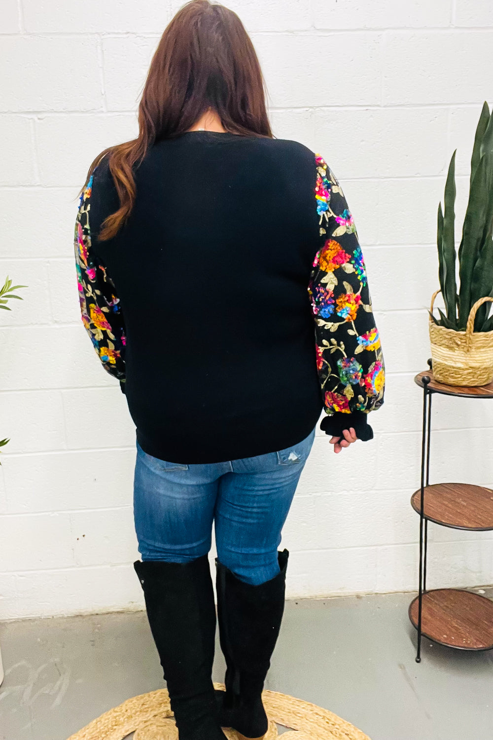 Diva Dreams Black Floral Sequin Mesh Sleeve Rib Knit Top for Women | Elegant Party Blouse | Perfect for Night Out, Date Night & Special Occasions