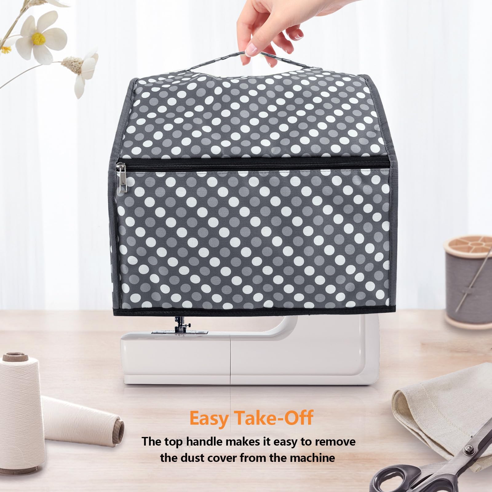 **Sewing Machine Cover with Storage Pockets - Dustproof Protector for Singer, Brother & Overlock Machines - Gray Dots Design - Perfect for Home, Studio & Craft Room Organization**