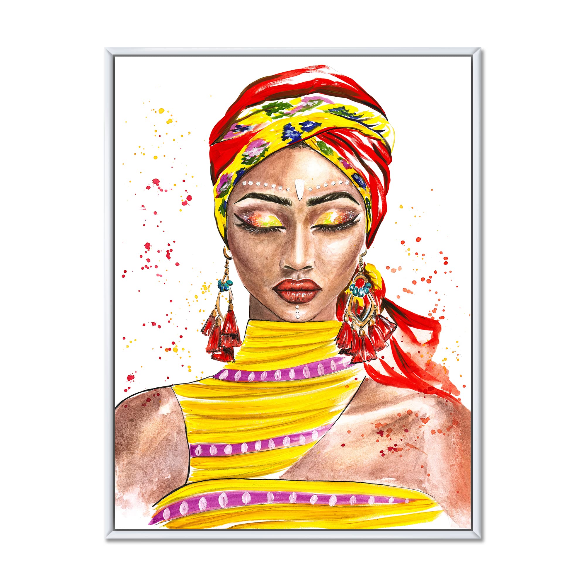 Vibrant African American Woman Portrait - Traditional Framed Canvas Wall Art Print for Living Room, Bedroom & Office Decor