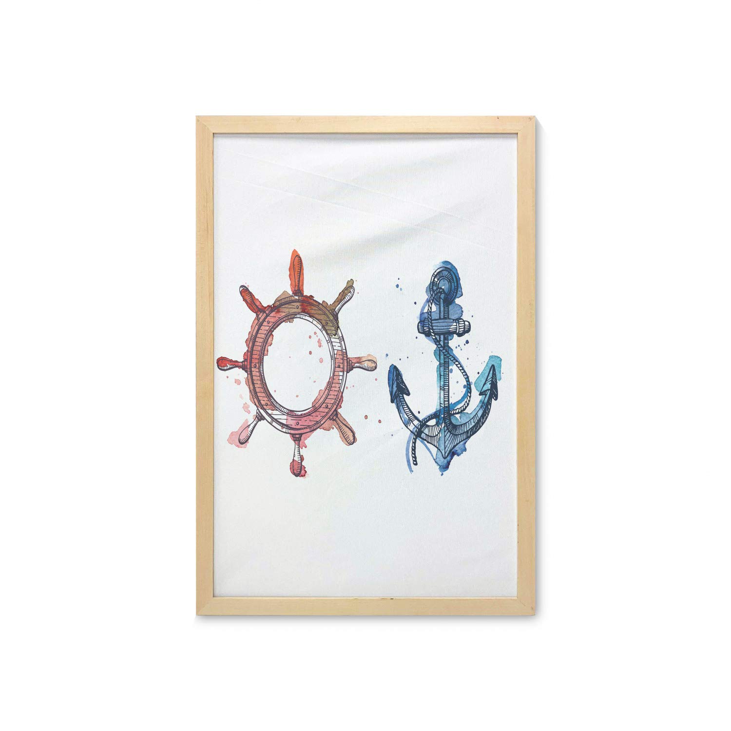 Ambesonne Nautical Wall Art with Frame - Anchor & Steering Wheel Watercolor Print, Ink Brush Effect Fabric Poster, 23