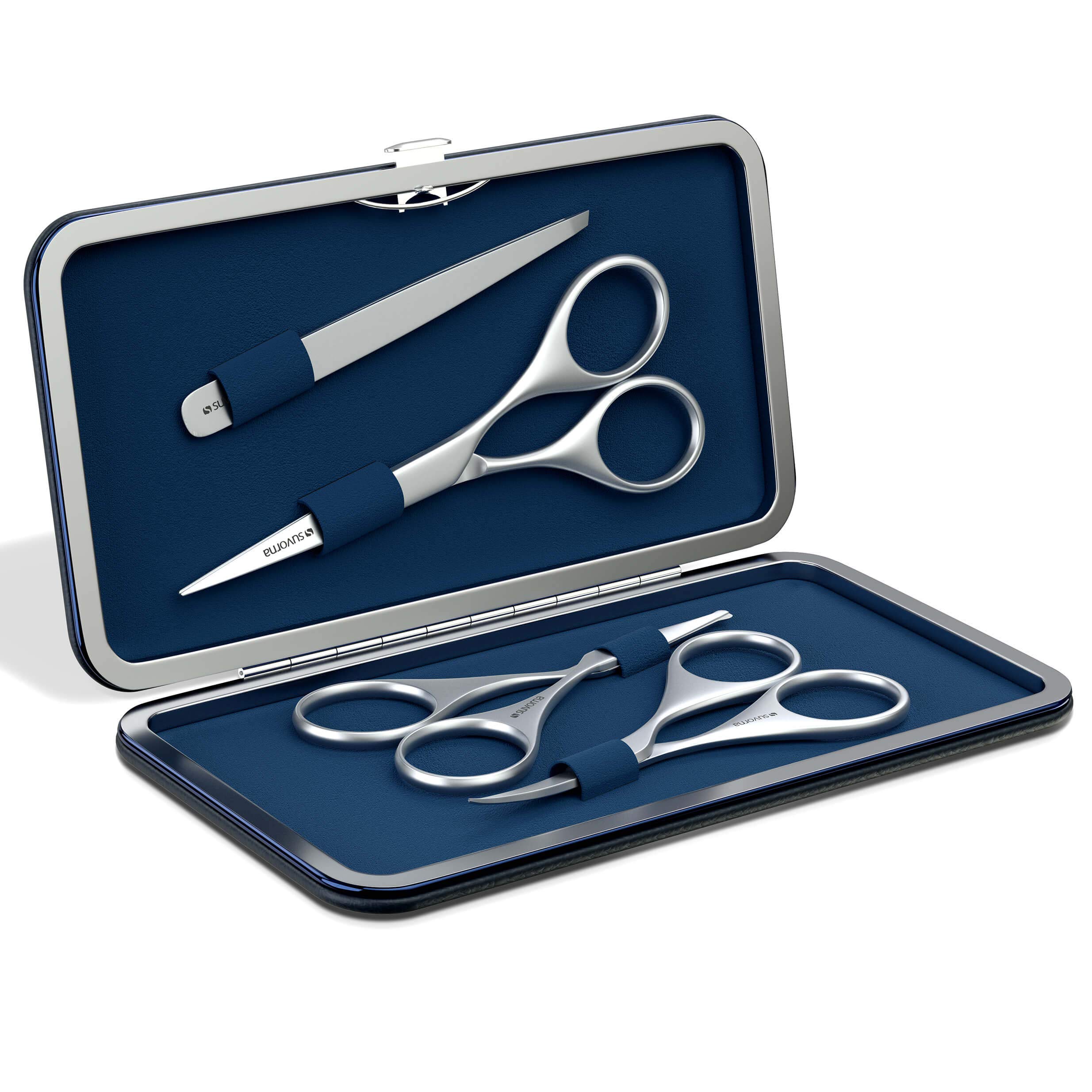 Premium Men's Beard & Mustache Grooming Kit - Professional Stainless Steel Beard Scissors, Nose Hair Trimmer, Eyebrow Scissors & Slant Tweezers (4-Piece Set, Blue) - Perfect for Home Grooming, Travel & Salon Use