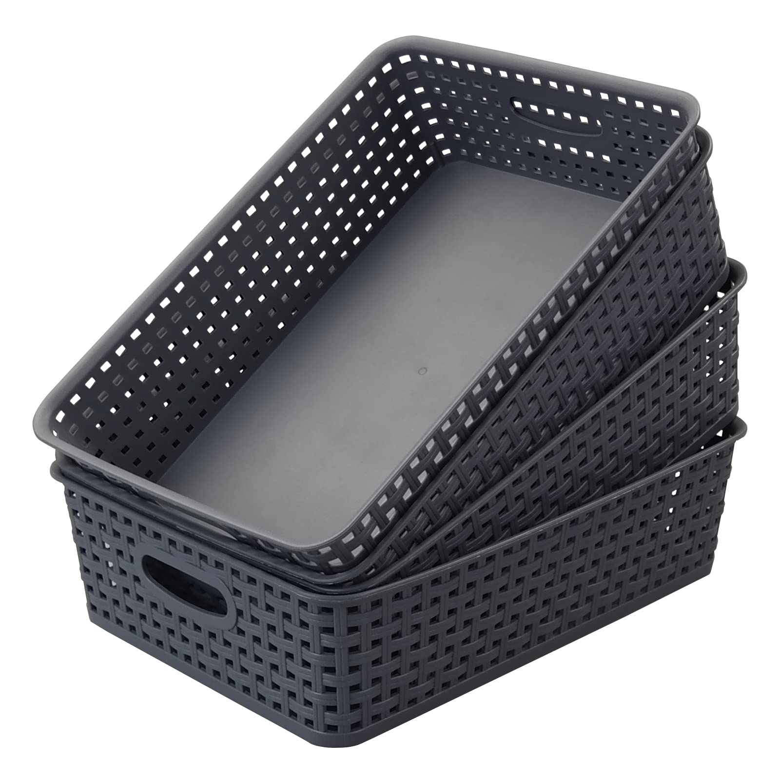 4-Pack Gray Plastic Storage Baskets & Shallow Trays - Organize Paper, Office Supplies & Household Items - Perfect for Desks, Shelves & Bathroom Organization
