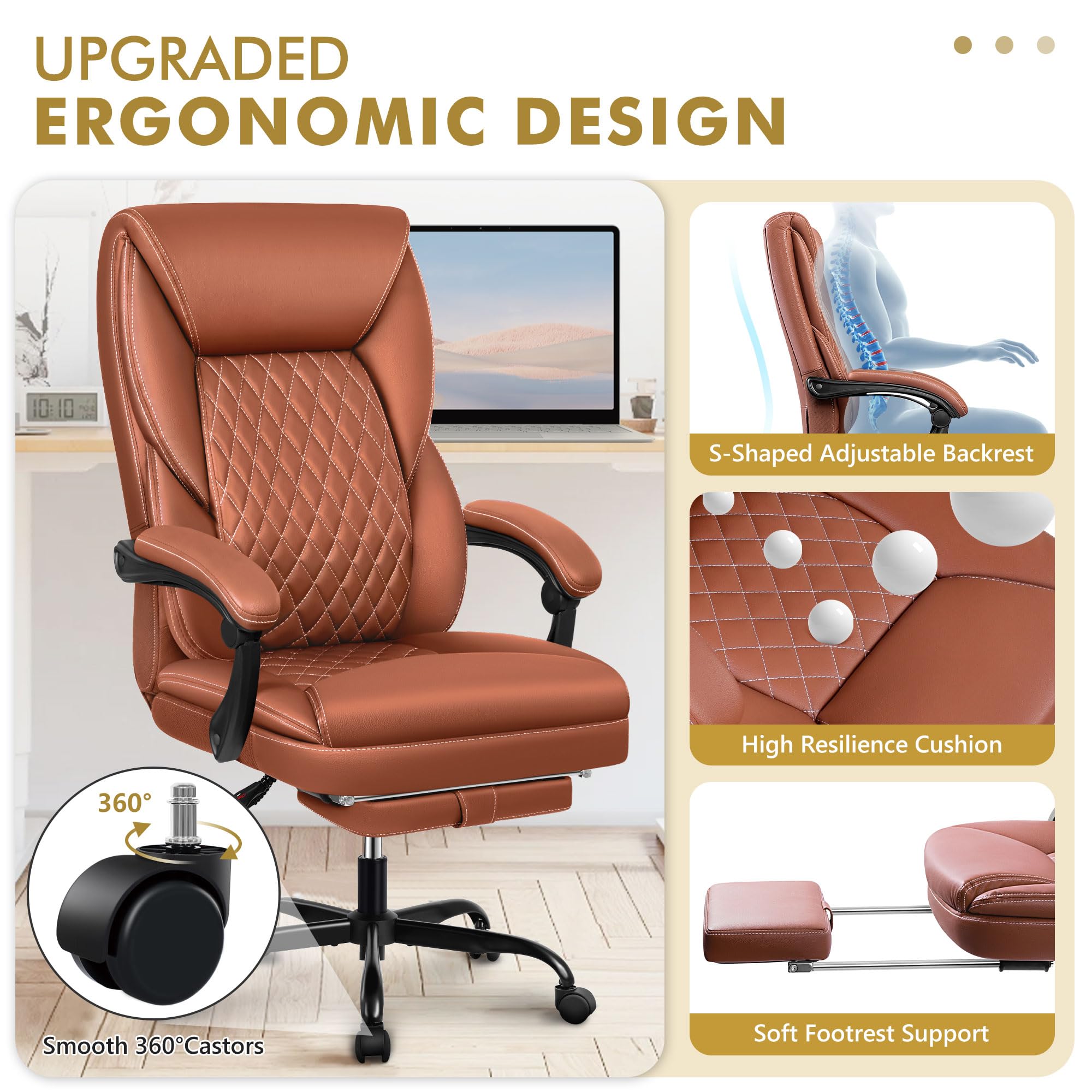Ergonomic Big and Tall Executive Office Chair with Footrest - High Back Leather Desk Chair with Lumbar Support & Reclining Feature for Home Office (Brown) - Perfect for Long Work Hours & Comfortable Working from Home