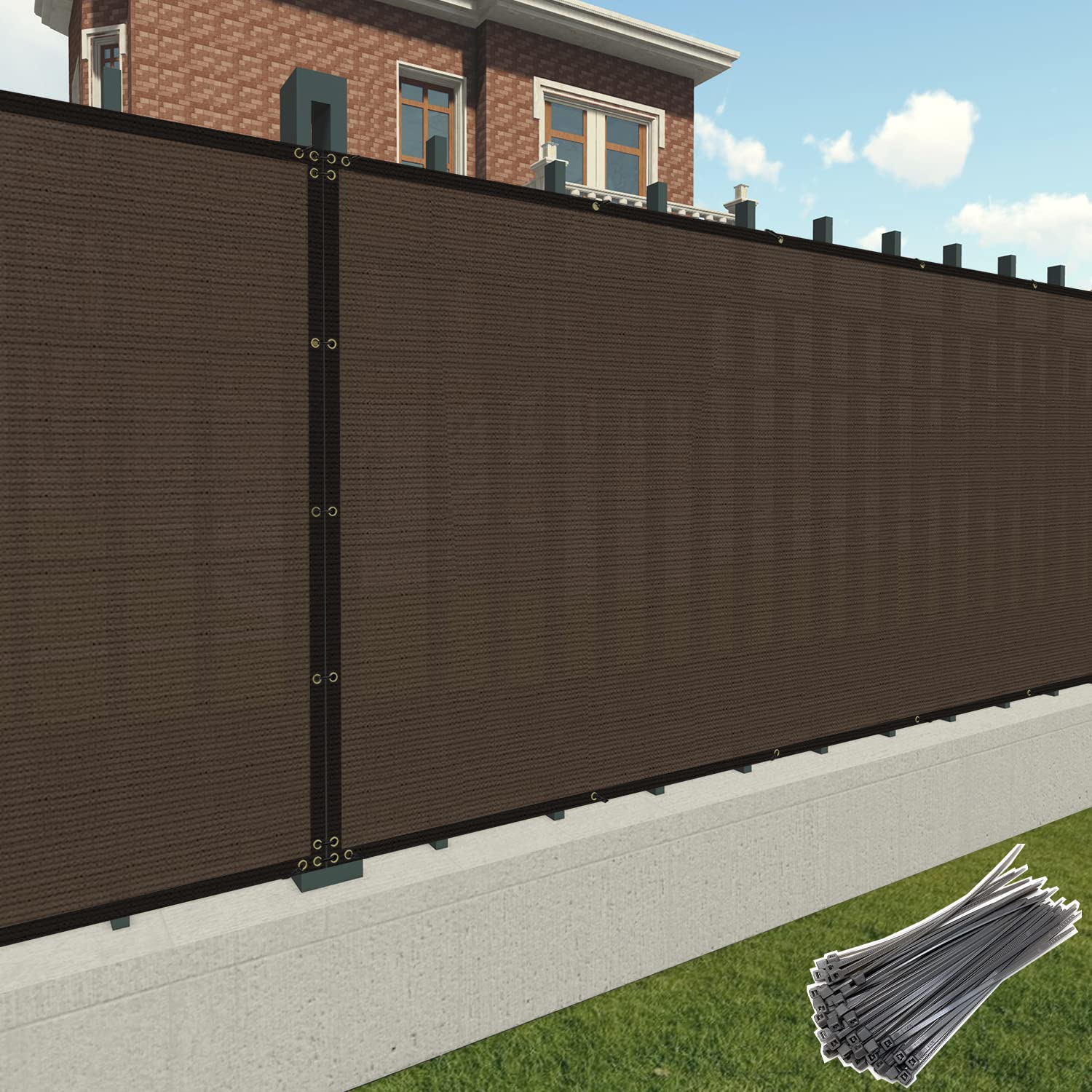 5' x 42' Commercial Grade Brown Privacy Screen Mesh Shade Fabric with Brass Grommets - Outdoor Patio Fence Windscreen for Backyard, Poolside & Garden Protection - Includes Heavy-Duty Zipties