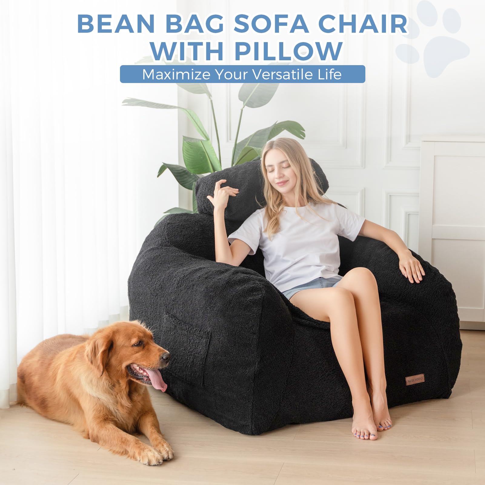 MAXYOYO Giant Bean Bag Chair with Pillow - Extra Large Fuzzy Comfy Bean Bag for Adults & Kids, Beige - Perfect for Living Room, Bedroom, Game Room & Dorm Relaxation