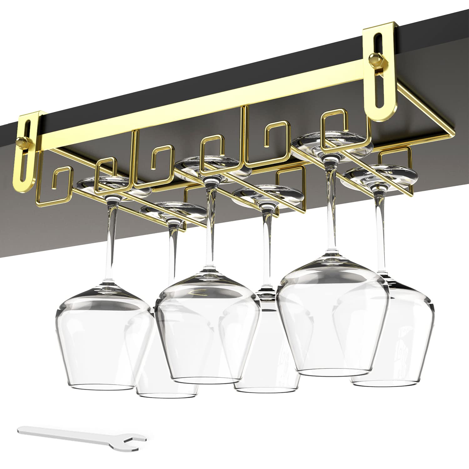 Gold Under Cabinet Wine Glass Rack - Stemware Holder for Kitchen Shelves & Bars - Space-Saving Wine Glass Hanger for Organized Storage & Easy Access