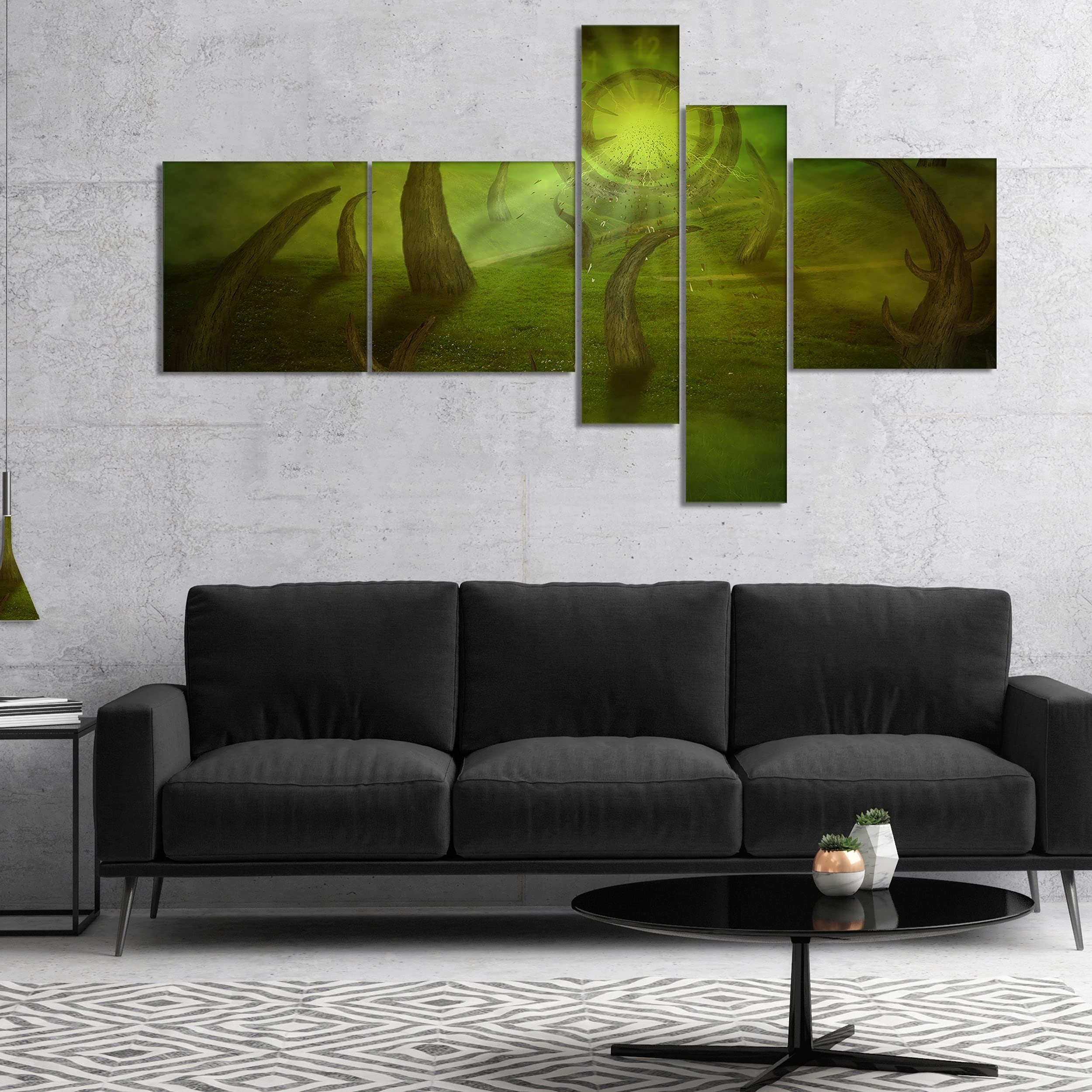 Green Time Travel Abstract Canvas Wall Art - 60x32 Inch 5-Panel Modern Home Decor for Living Room, Bedroom & Office | Large Framed Art Print for Contemporary Spaces