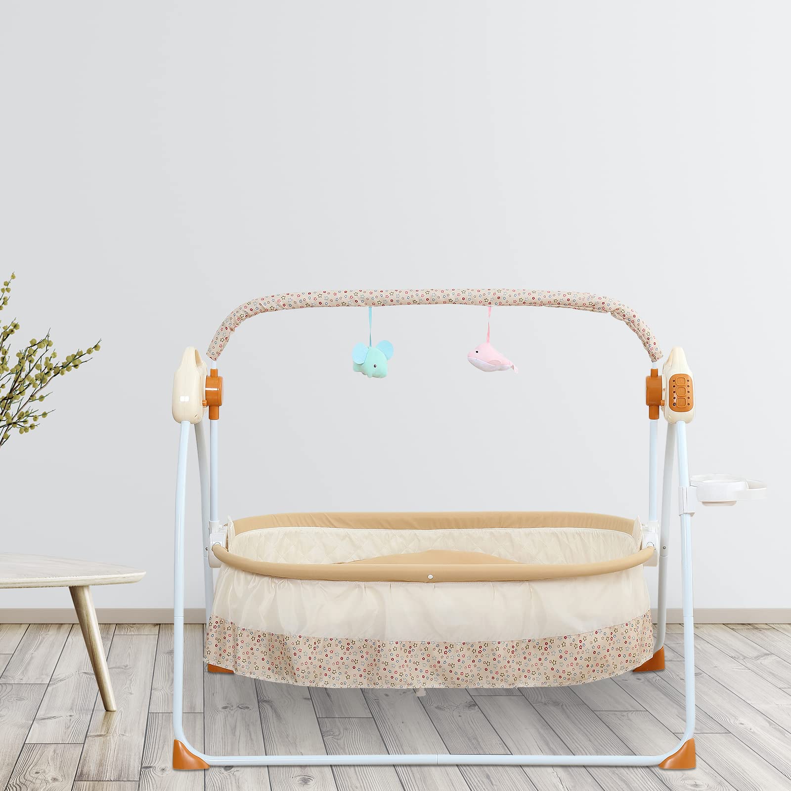 Portable Baby Swing for Infants to Toddlers - Foldable Electric Baby Rocker with Remote Control, 5 Adjustable Swing Speeds, Music & Timer - Perfect for Nursery, Travel & Soothing Fussy Babies (Khaki Stand)