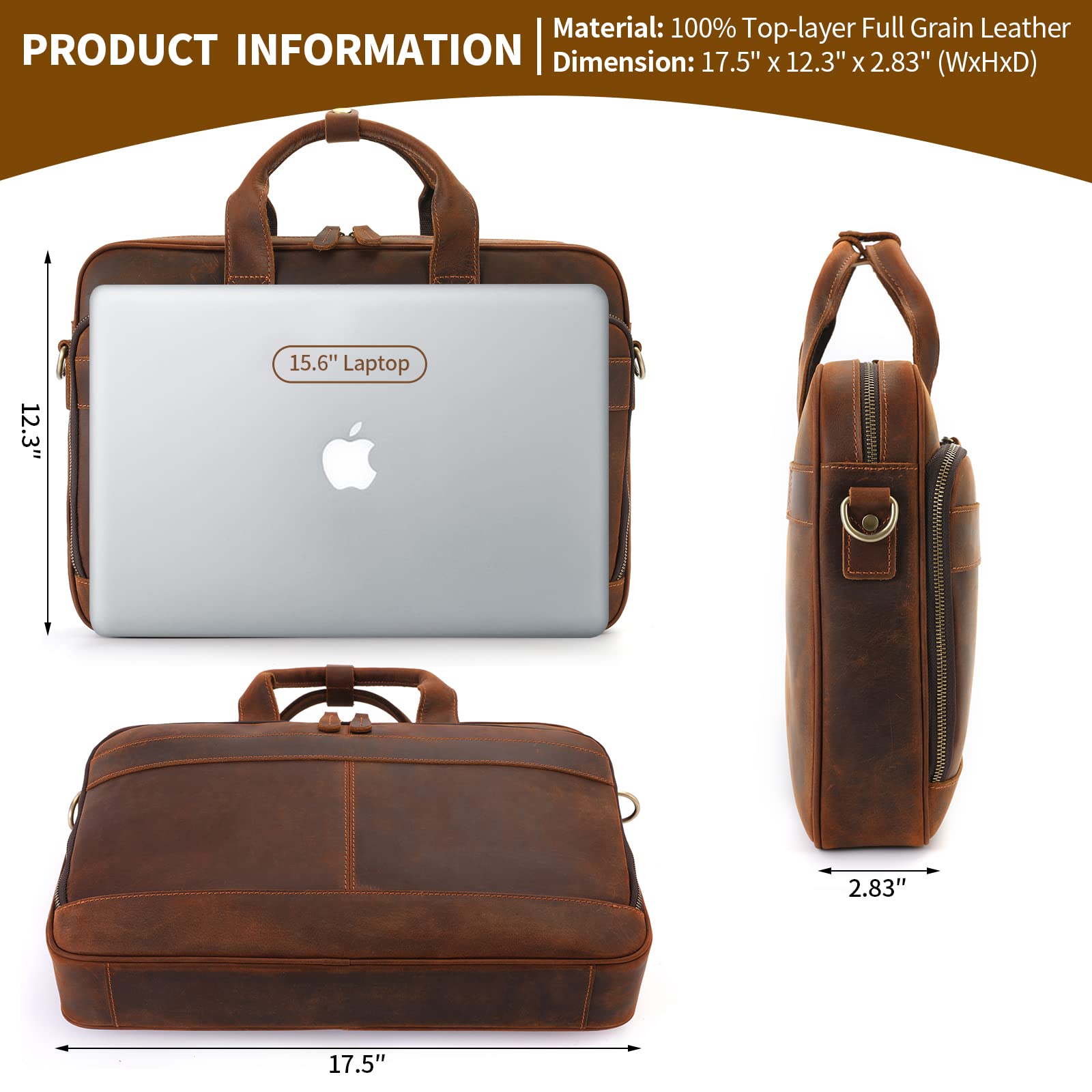 Premium Genuine Leather Briefcase for Men - Business Laptop Messenger Bag for Work & Travel - Durable Office Bag for Professionals, Commuters & Business Trips