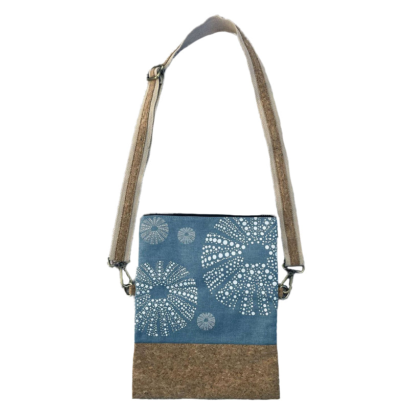 Eco-Friendly Cork Fabric Fold Over Clutch Bag - Kina White on Blue & Dark Grey | Handmade by Jo Luping | Perfect for Travel, Work & Evening Events