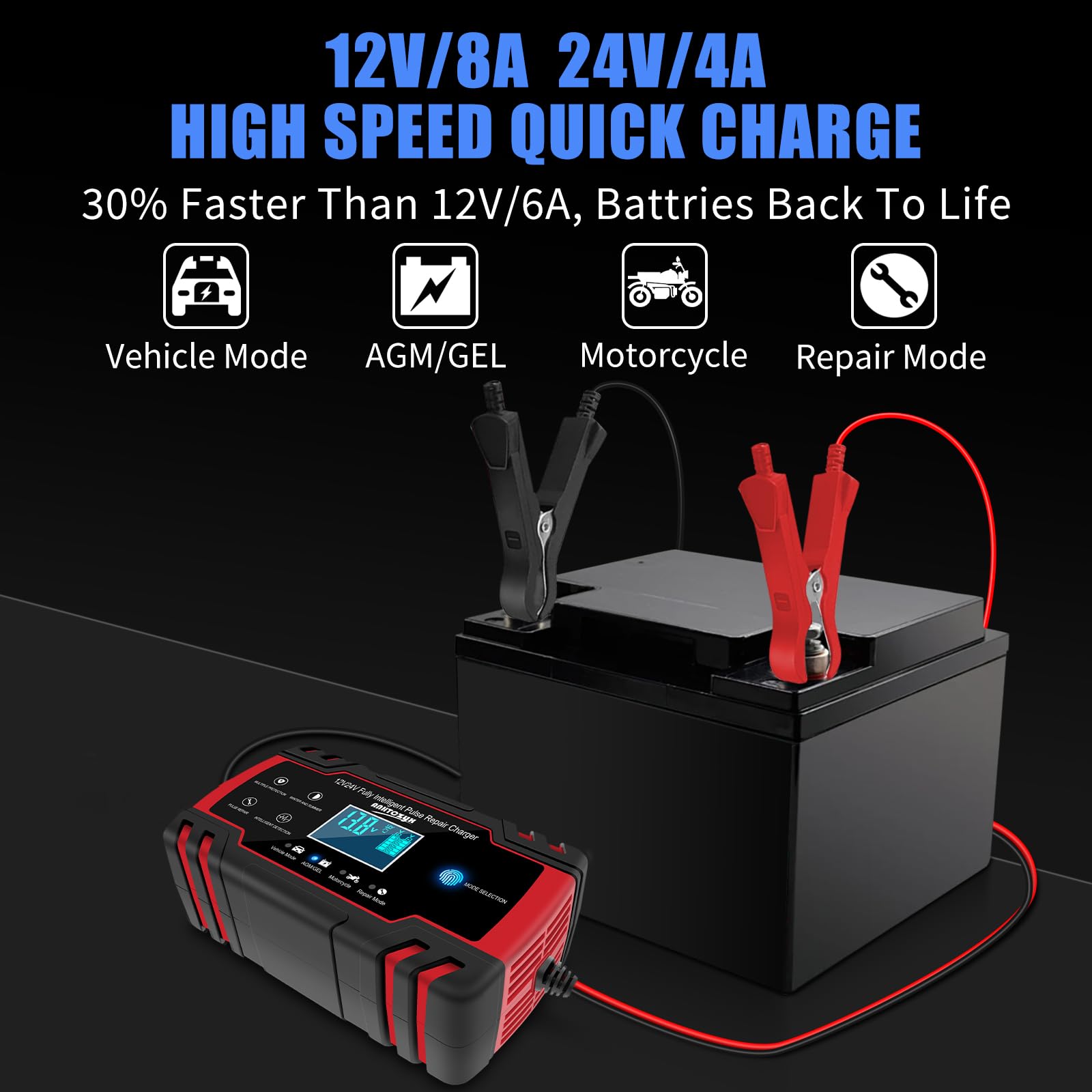 E-FAST 12V/8A 24V/4A Smart Automatic Battery Charger & Maintainer with Temperature Compensation - Universal for Car, Truck, Motorcycle, AGM, Lawn Mower, Boat & Marine Batteries - Perfect for Winter Storage, RV Maintenance & Seasonal Vehicle Protection