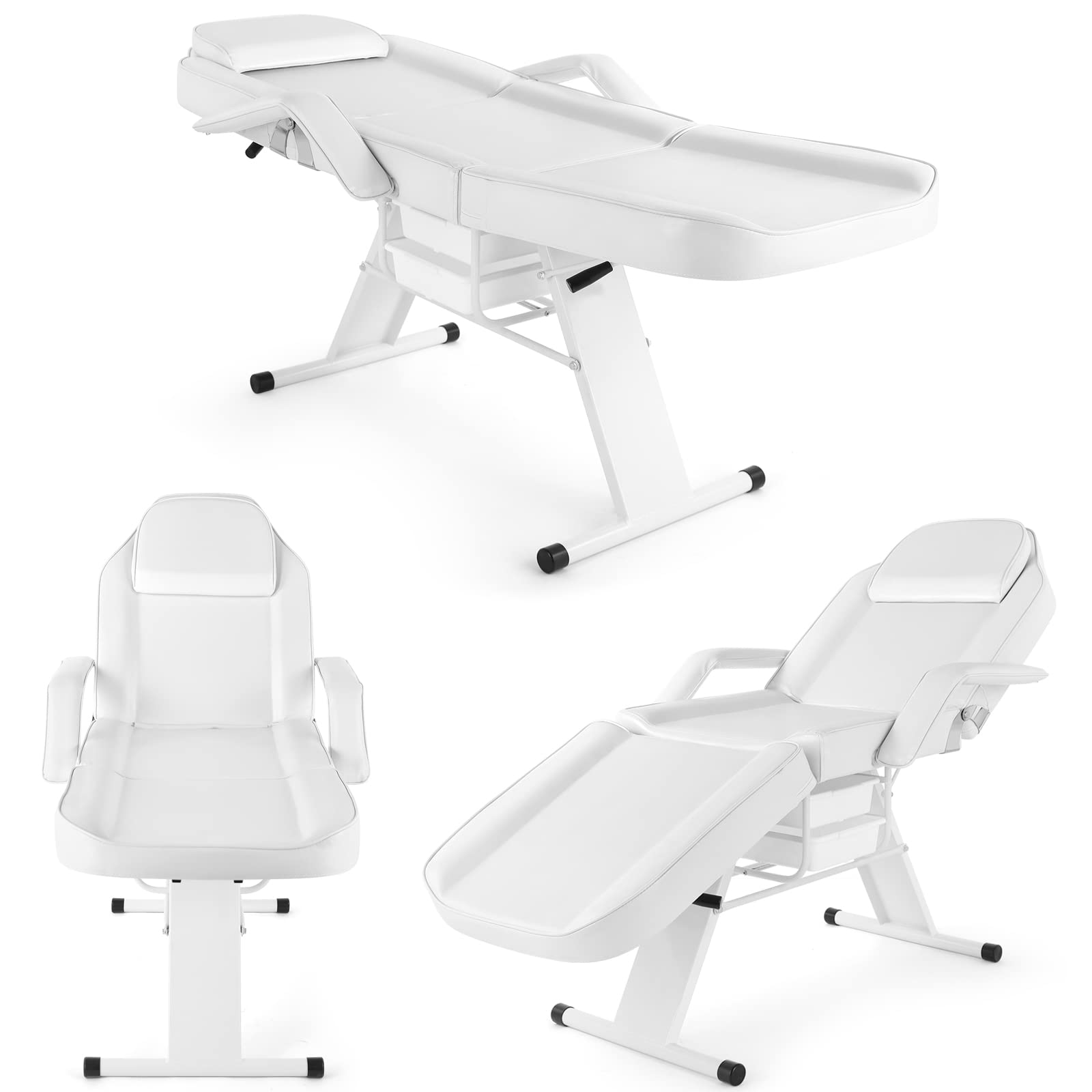 Professional OmySalon Tattoo Chair & Esthetician Bed with Beauty Basket - White Salon Spa Equipment for Facial, Waxing, Eyelash Extensions & Microblading | Perfect for Tattoo Studios, Beauty Salons & Spa Centers