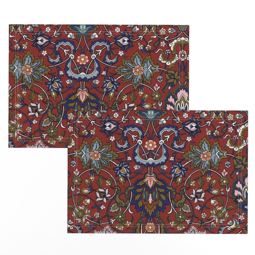 Premium Linen Cotton Canvas Placemats Set of 2 - Red Victorian Burgundy Damask Persian Vintage Style Table Mats for Dining Room Decor, Kitchen Table Setting & Holiday Dinner Party