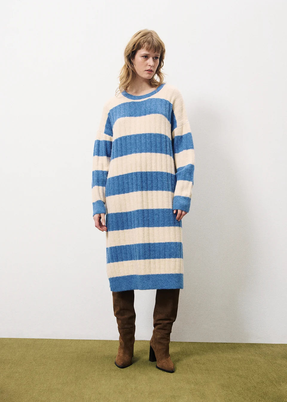 Stylish Coryne Jumper Dress in Blue Jean & Beige - Perfect for Casual Outings, Workwear, and Date Nights