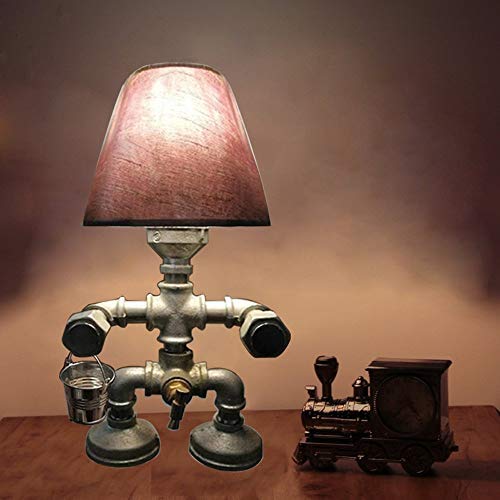 KWOKING Retro Industrial Robot Table Lamp - Vintage Iron Pipe Desk Light with Valve Handle & Switch, Cool Loft Style Night Light for Office, Bedroom, or Gaming Room Decor