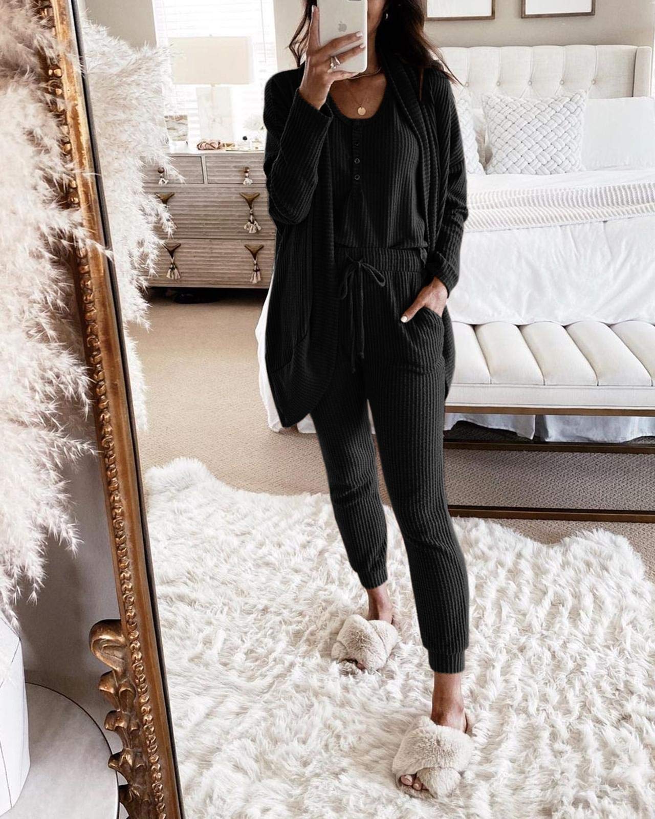 Fessceruna Women's Waffle Knit 3-Piece Lounge Set - Pajama Tank Top, Long Sleeve Cardigan & Pants - Soft Loungewear Outfit for Home, Sleep & Relaxation