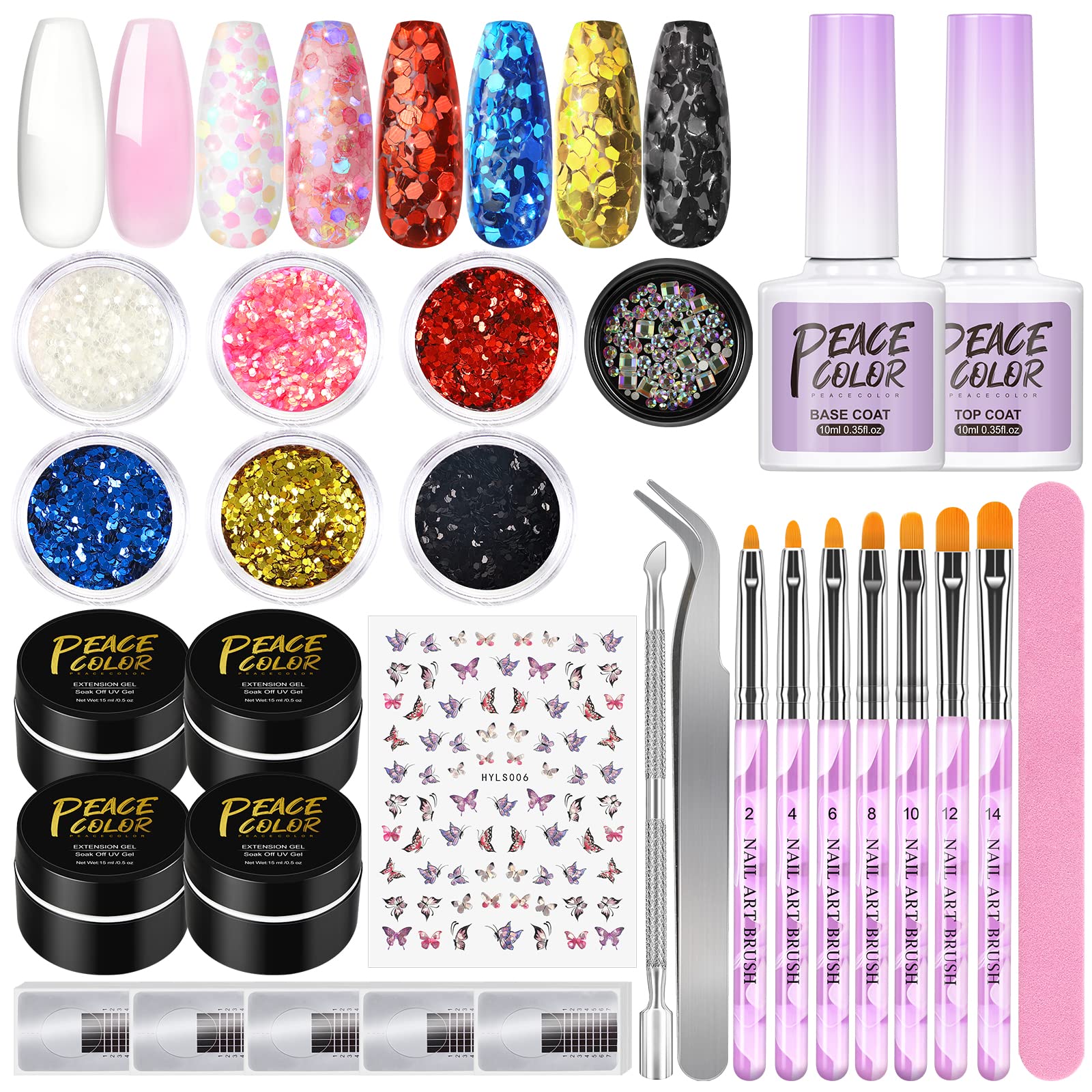 Professional Peacecolor Acrylic Nail Kit - 3 Colors UV Acrylic Gel with Nail Forms & Builder Brush for Nail Extensions & Salon Quality Manicures | Perfect for Home DIY, Professional Salons & Nail Art Enthusiasts