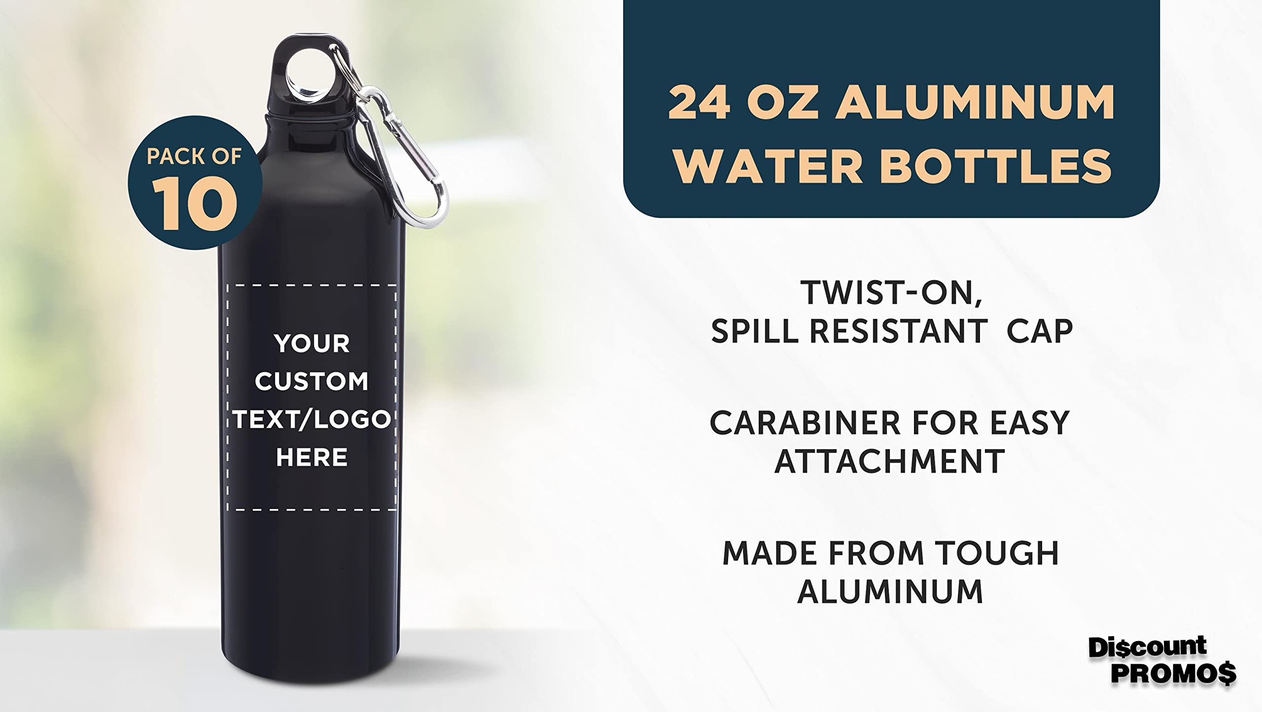 Custom 24oz Aluminum Water Bottles with Carabiner - 10 Pack Bulk Personalized Sports Bottles - Gym, Hiking, Camping, Running Accessories - Matte Black Finish - Ideal for Outdoor Activities, Team Events & Corporate Gifts