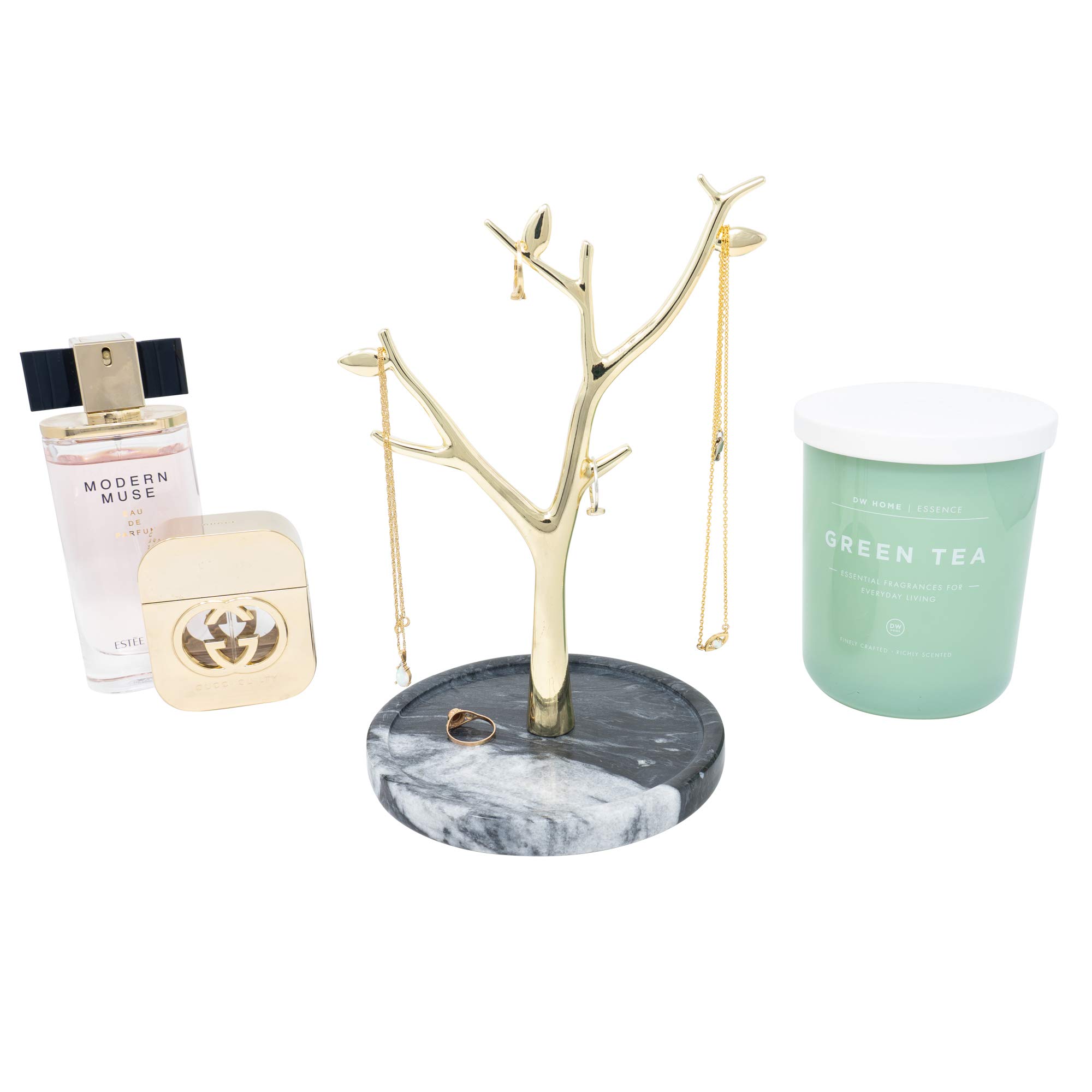 Marble Jewelry Tree - Stylish Gold Necklace Holder & Jewelry Organizer for Necklaces & Rings - Grey Jewelry Stand for Bedroom Vanity or Gift