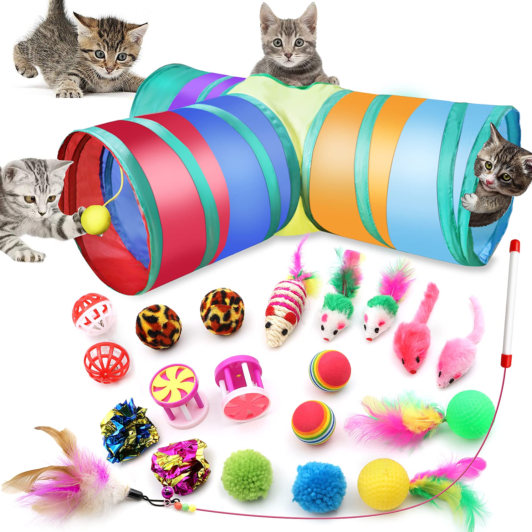 21-Piece Interactive Cat Toys Set for Indoor Kittens - Includes 3-Hole Tunnel, Teaser Wand, Feather Balls & Mice - Perfect for Playtime, Exercise & Bonding with Your Feline Friend