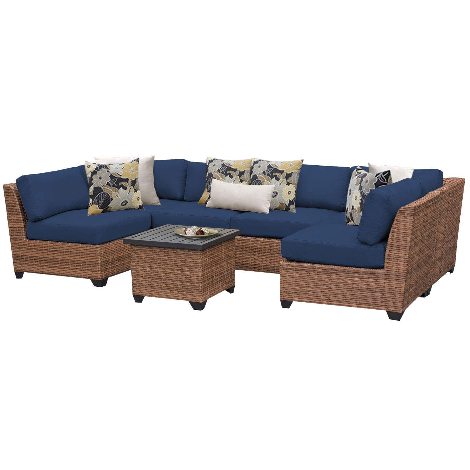 TK Classics LAGUNA-07c-NAVY 7-Piece Outdoor Patio Furniture Set with All-Weather Wicker - Navy Blue, Perfect for Backyard, Poolside & Garden Relaxation