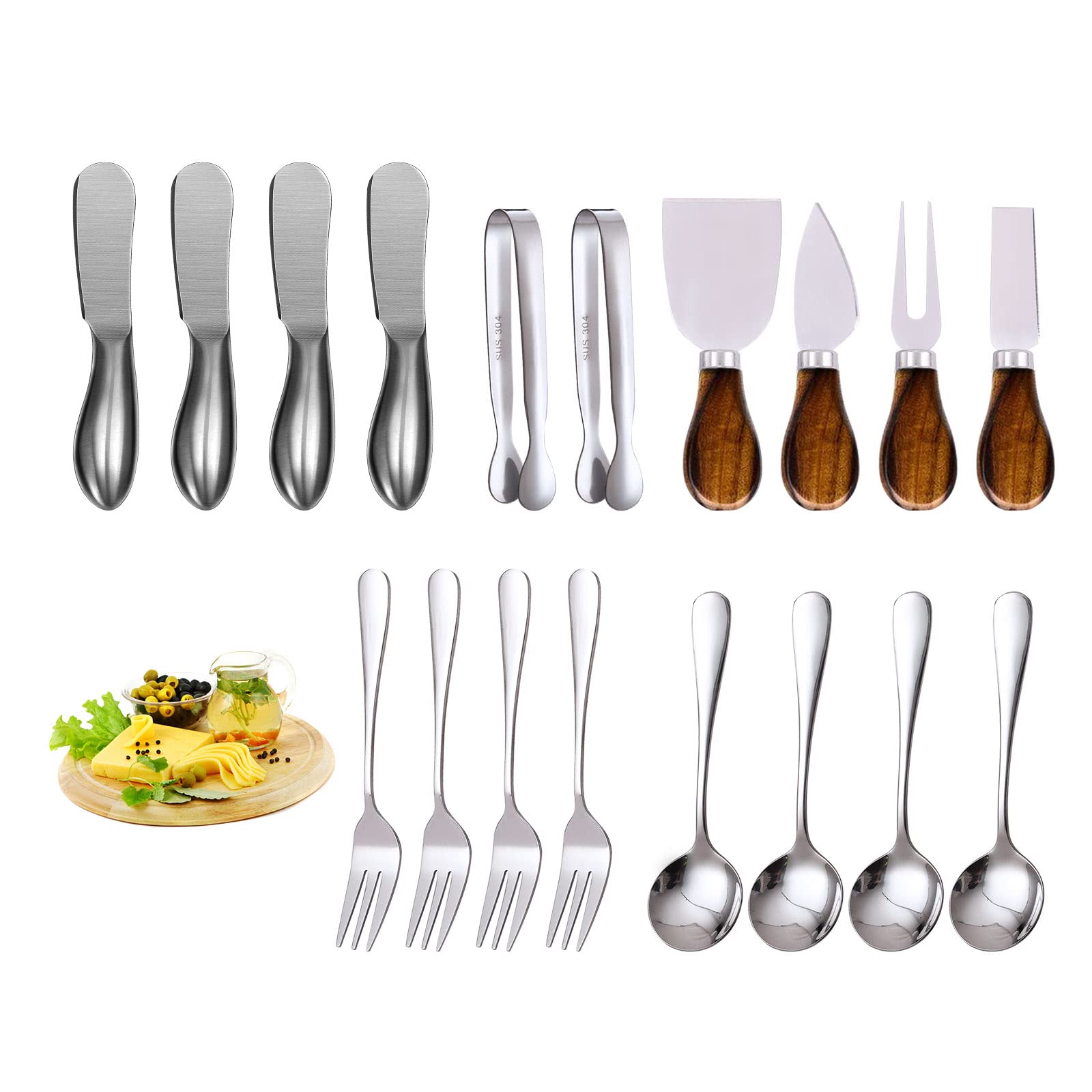 18-Piece Cheese Spreader Knife Set - Stainless Steel Charcuterie Board Accessories with Butter Knives, Serving Spoons, Forks & Mini Tongs - Perfect for Cheese, Butter, Jam, Pastry Serving & Charcuterie Board Presentation - Ideal for Dinner Parties, Wine Tastings & Gourmet Entertaining