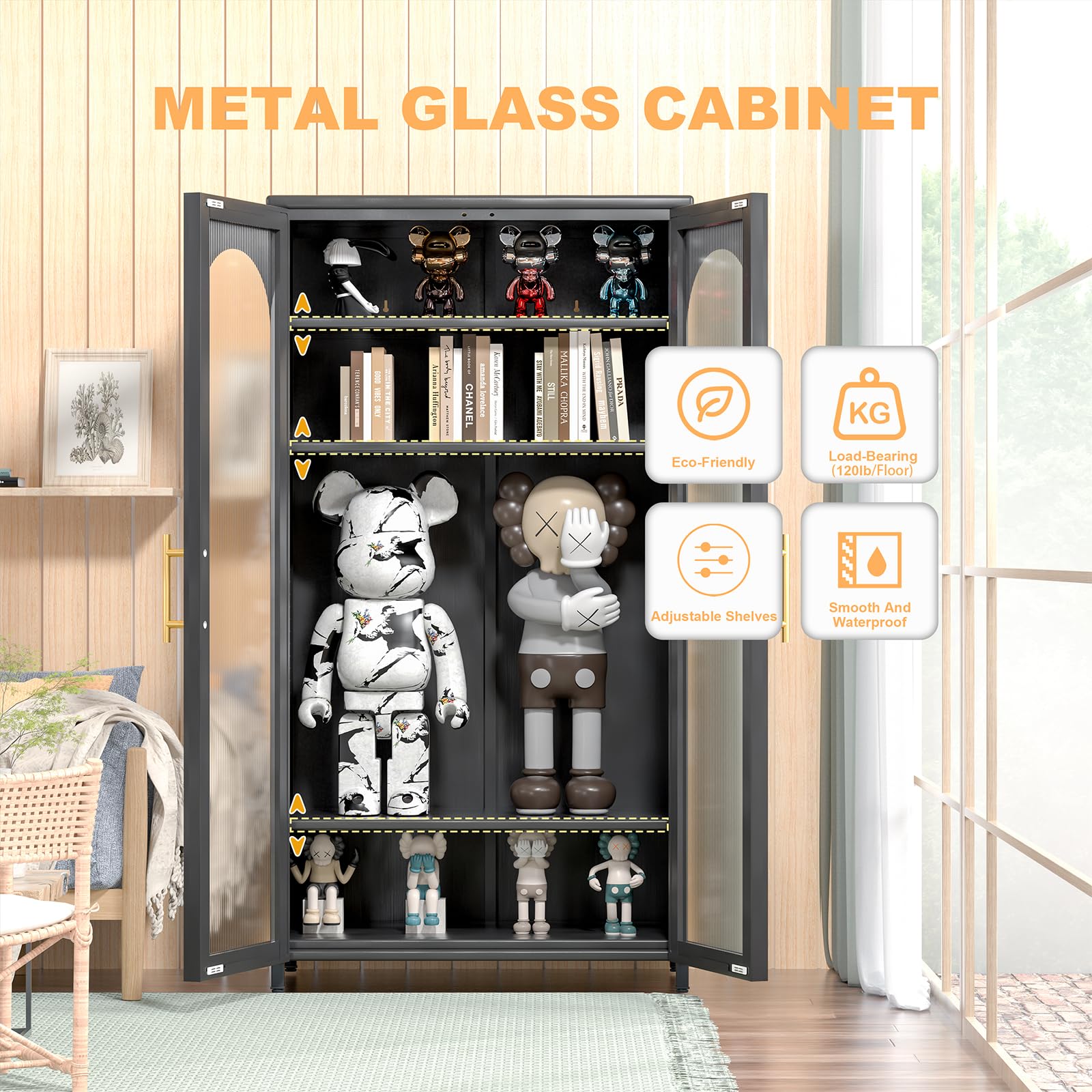 Glass Door Storage Cabinet - Modern Sideboard Buffet for Living Room, Dining Room & Kitchen - Black Bookcase with Tall Doors - Perfect for Home Organization & Displaying Decor