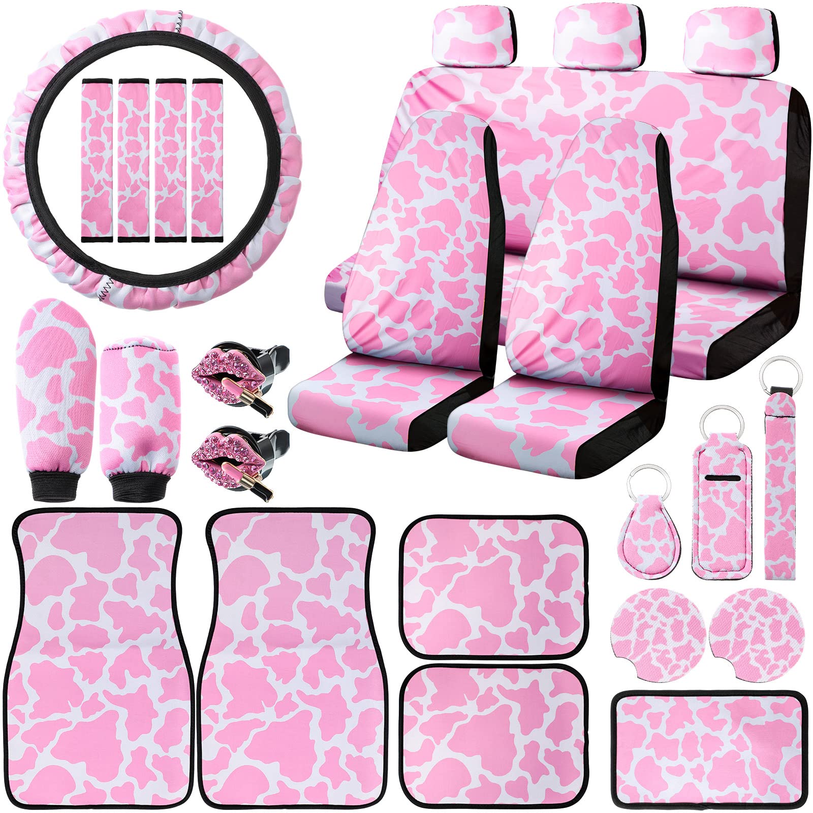 Frienda 26-Piece Cow Print Car Accessories Set - Cute Cow Pattern Seat Covers, Steering Wheel Cover, Floor Mats, Console Pad & Cup Holders for Women - Perfect for Jeep, SUV & Sedan Interior Decor