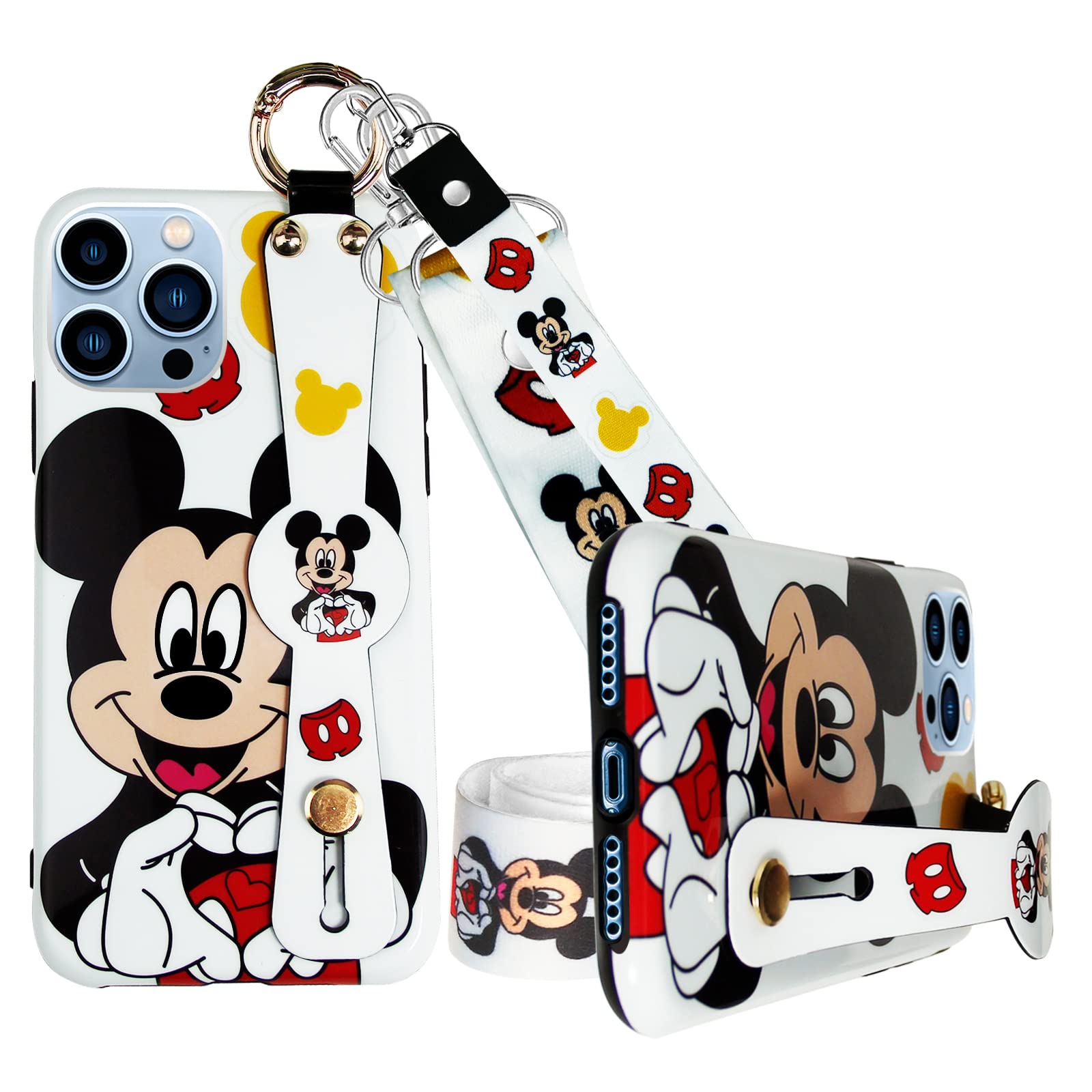 MCCAIE iPhone 13 Pro Max Case 6.7 Inch (2021) - Cute Mickey Mouse Cartoon Design Protective Phone Cover with Wrist Strap & Kickstand | Shockproof Full Body Protection | Perfect for Daily Use, Travel, Work and Outdoor Activities