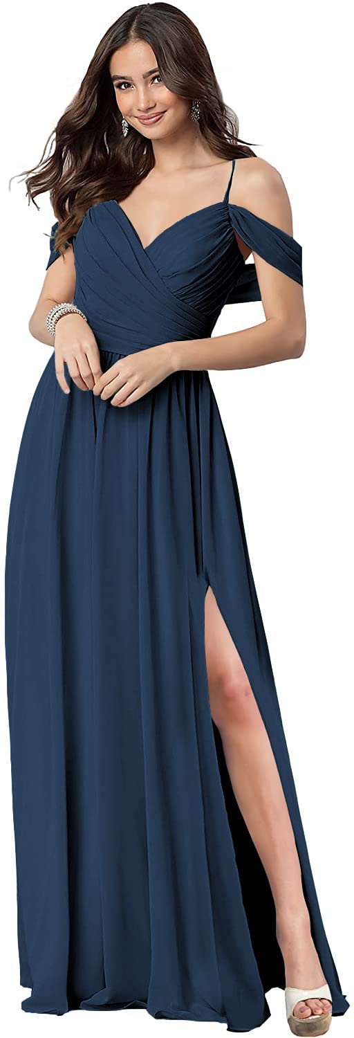 Ufashion Women's Off-The-Shoulder Long Bridesmaid Dress with Slit & Pockets - A-Line Formal Evening Gown for Weddings, Prom & Special Occasions