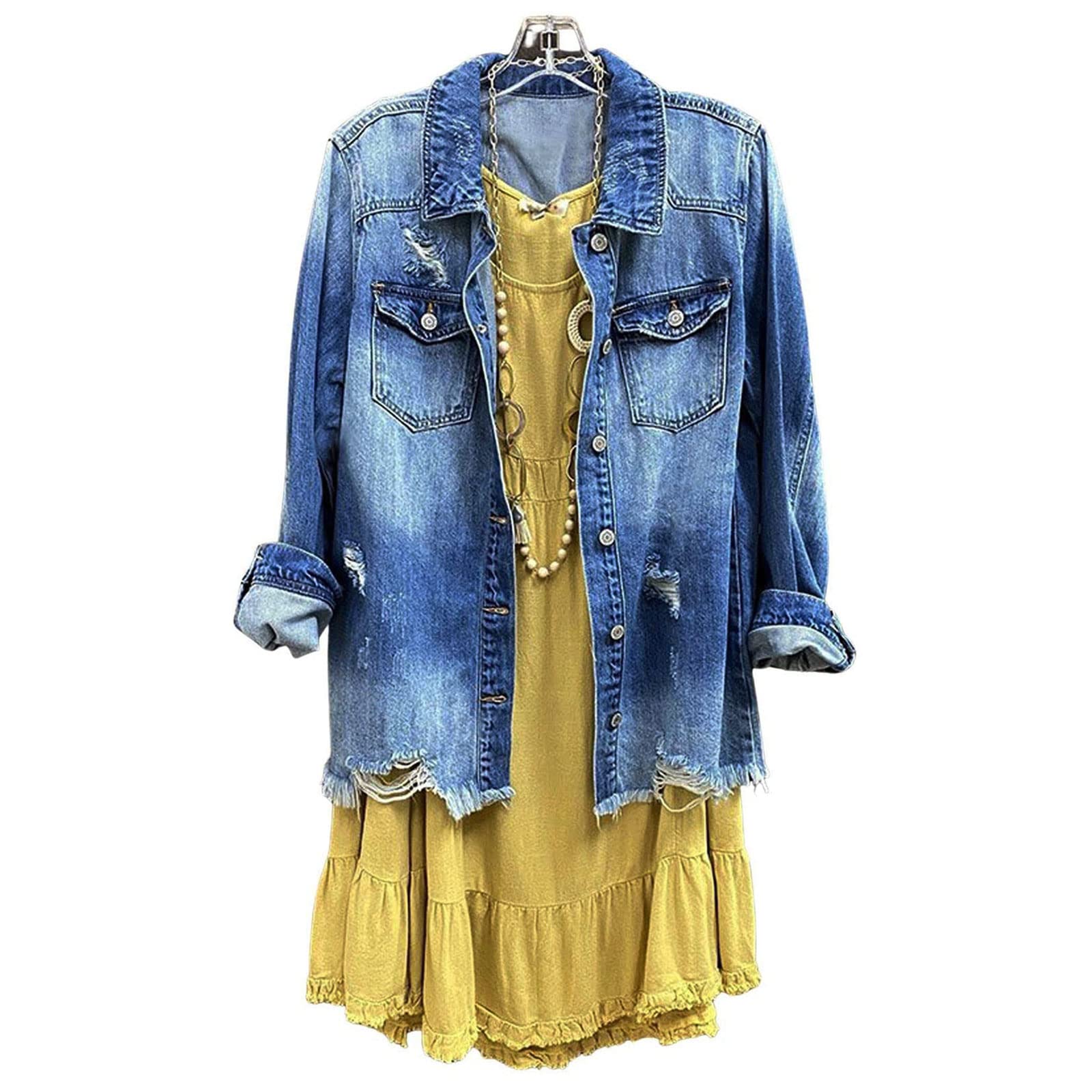 Distressed Denim Jacket for Women - Ripped Button Down Casual Mid-Long Jean Coat | Perfect for Everyday Wear, Street Style & Layering Outfits