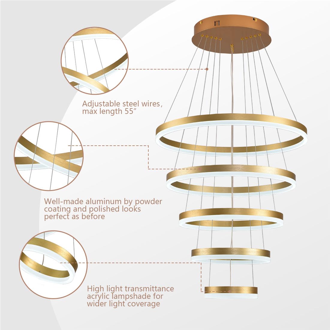 Modern Gold Chandelier 5 Rings Dimmable LED Pendant Light - Adjustable Height Ceiling Fixture for Dining Room, Kitchen, Living Room & Bedroom | Elegant Lighting for Home Decor & Special Occasions