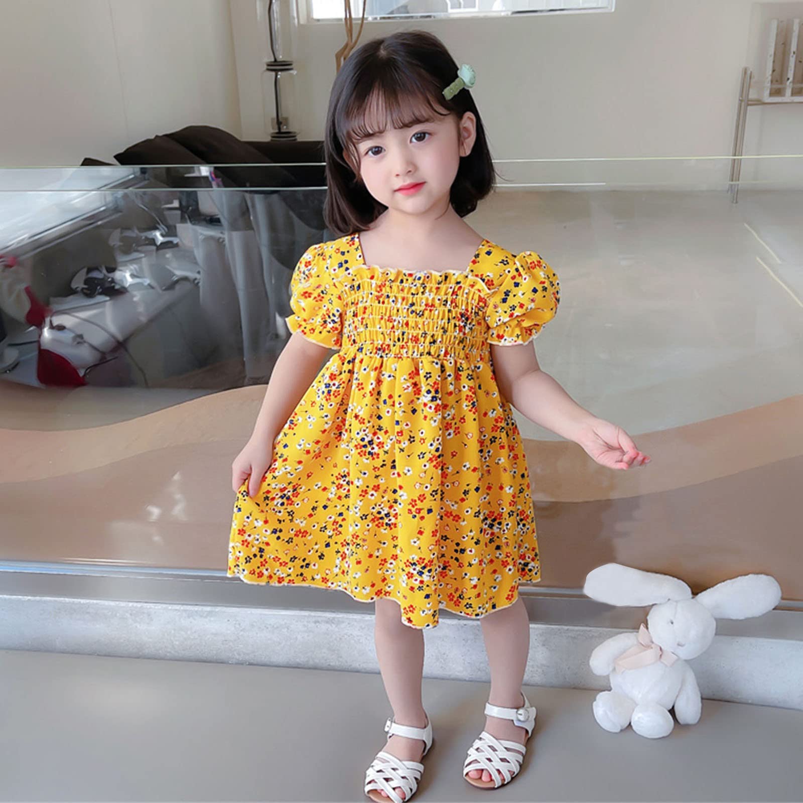 Toddler Girls Floral Short Sleeve Beach Dress - Princess Party Outfit for Kids - Perfect for Summer Vacations, Birthday Parties & Family Photos