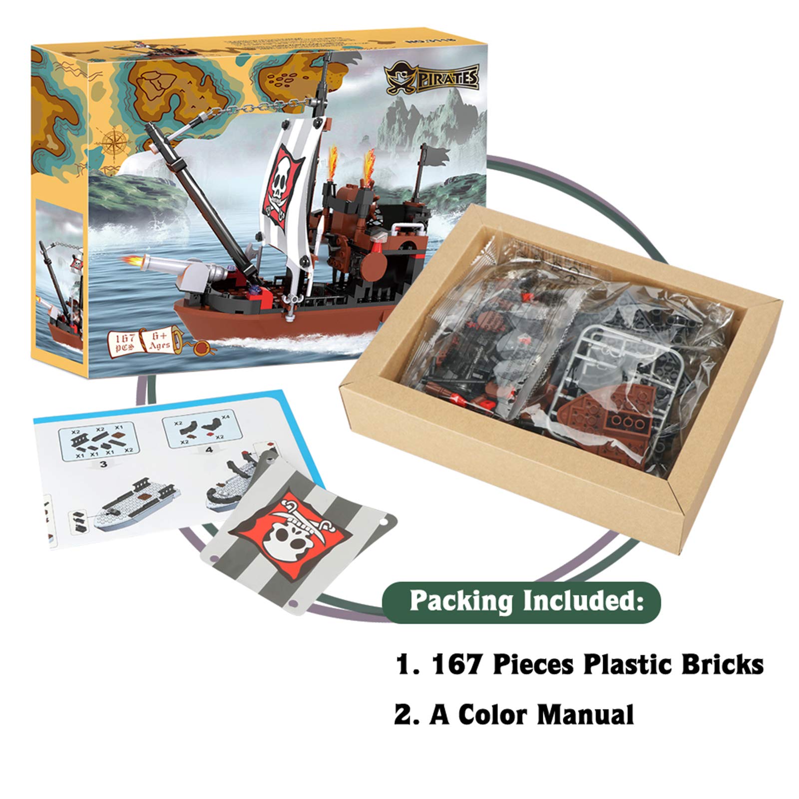 BRICK STORY Pirate Ship Building Blocks Set - 167pcs with 3 Mini Figures, Boat & Ship Model - Creative Construction Toy for Kids Ages 6-12 - Perfect Gift for Boys & Girls - Pirate Adventure Play for Imaginative Storytelling & Role Play Scenes
