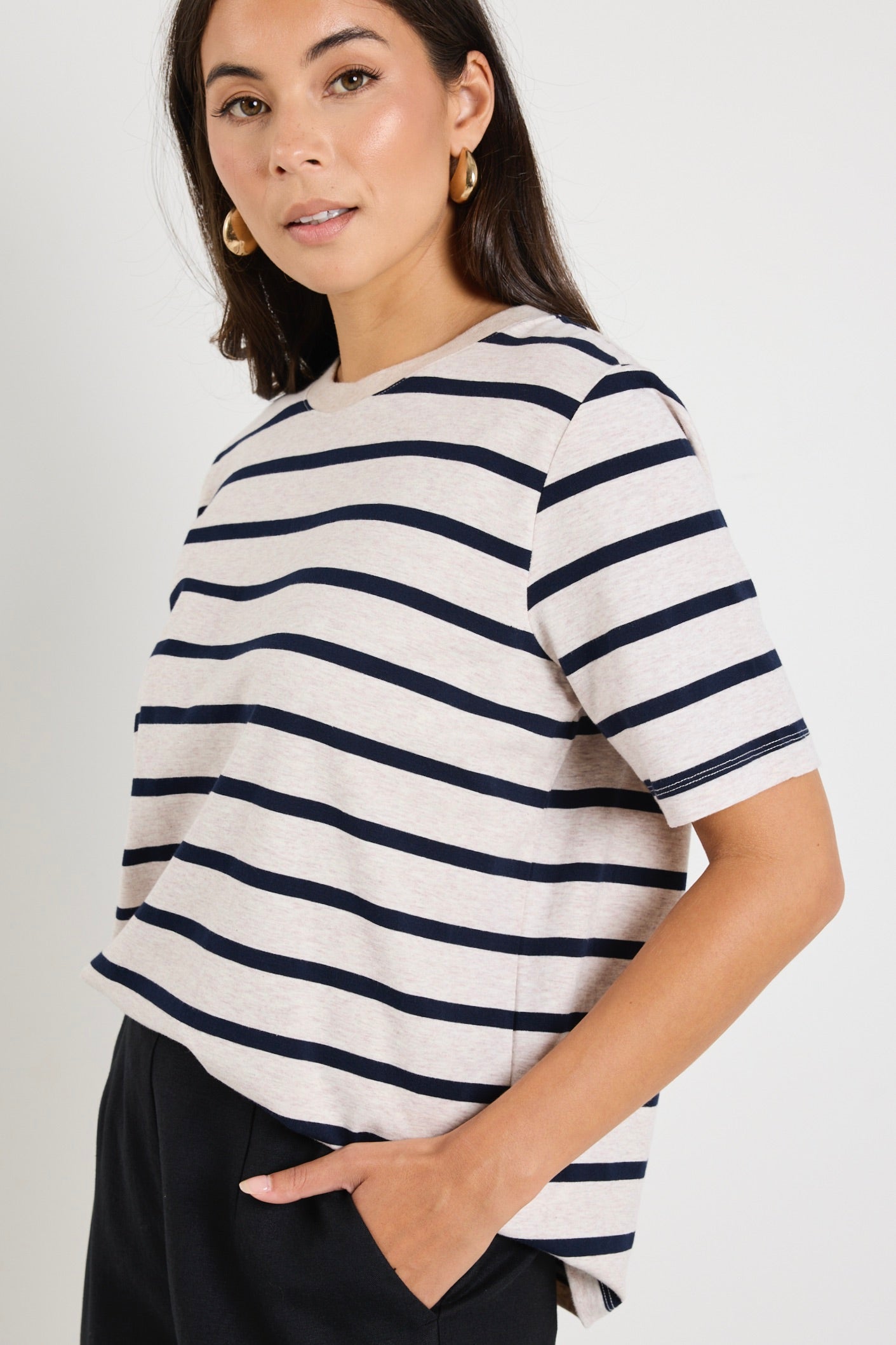 Stylish Ecru Navy Stripe Boxy Fit Tee - Casual Loose Fit Cotton T-Shirt for Women | Perfect for Everyday Wear, Weekend Outings & Layering
