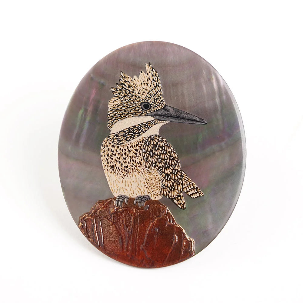 Handcrafted Maki-e Urushi Lacquer Brooch with Black Lip Oyster Pearl & Crested Kingfisher Feather - Traditional Japanese Lacquer Jewelry for Women, Gift for Art Collectors & Special Occasions