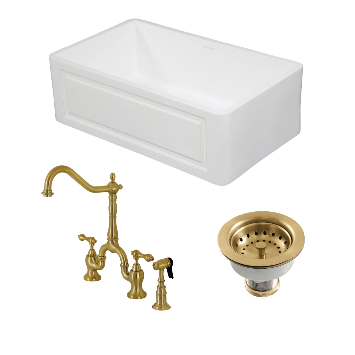 Arcticstone 30 Inch White Farmhouse Kitchen Sink - Single Bowl Undermount with Brushed Brass Deck Mount Faucet, Side Sprayer & Basket Strainer | Perfect for Rustic & Modern Kitchens, Dishwashing & Food Prep