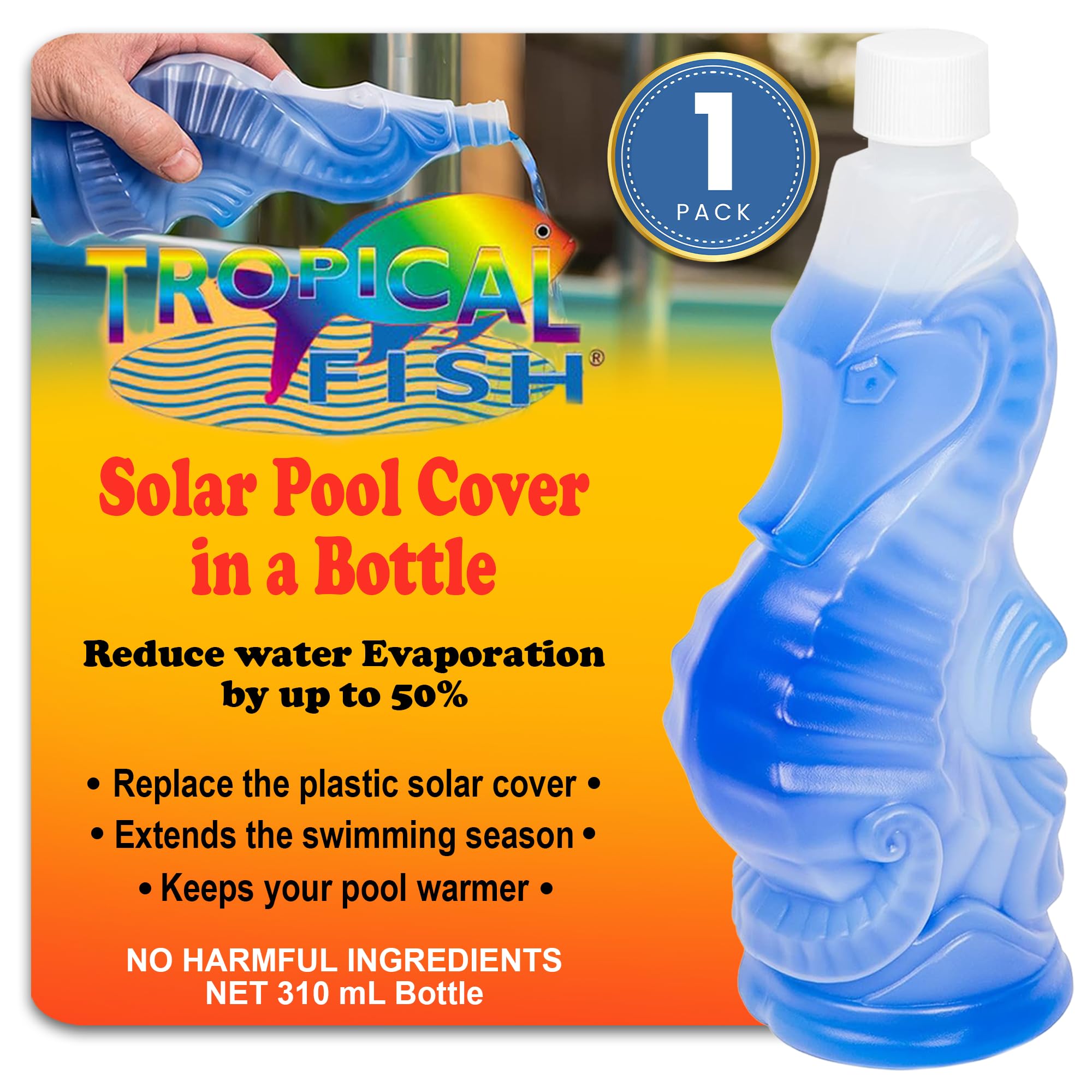 Tropical Fish Liquid Solar Blanket - Solar Pool Cover in a Bottle | Reduce Water Evaporation & Retain Heat | 310 mL Eco-Friendly Solution for Swimming Pools, Spas & Hot Tubs | Perfect for Year-Round Pool Maintenance & Energy Savings
