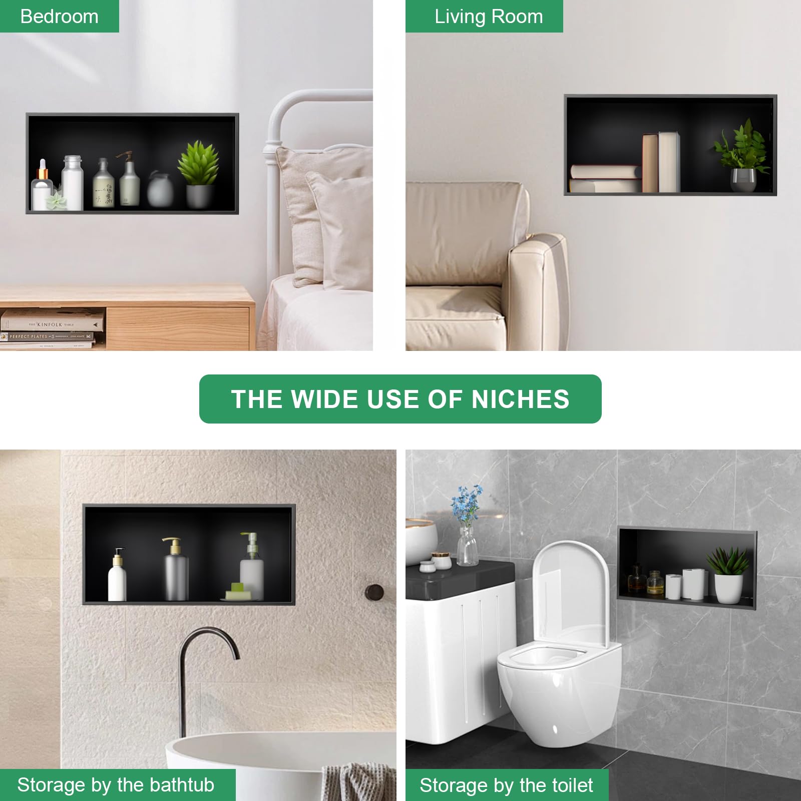 Stainless Steel Shower Niche 12x24 Inch - No Tile Needed Bathroom Recessed Storage Shelf - Matte Black Waterproof Shower Organizer for Shampoo, Soap & Bath Essentials