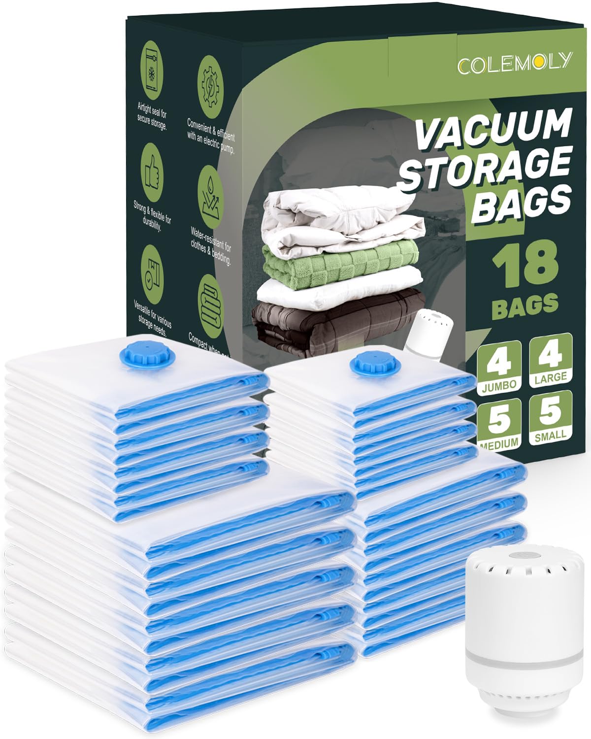 Colemoly 18 Pack Vacuum Storage Bags - Space Saver Bags for Clothes, Blankets, Pillows | 5 Jumbo, 5 Large, 4 Medium, 4 Sizes | Travel, Moving & Home Organization | Compact Storage Solution for Seasonal Clothes, Bedding & Travel Essentials