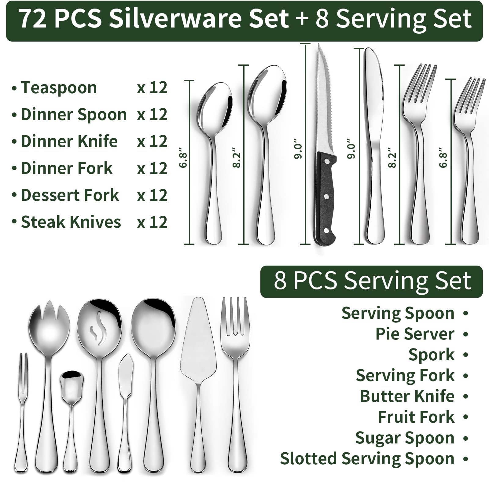 80-Piece Stainless Steel Flatware Set for 12 with Steak Knives & Serving Utensils - CEKEE Heavy Duty Cutlery Set for Home & Restaurant Use - Dishwasher Safe Silverware - Perfect for Dinner Parties, Weddings & Daily Dining