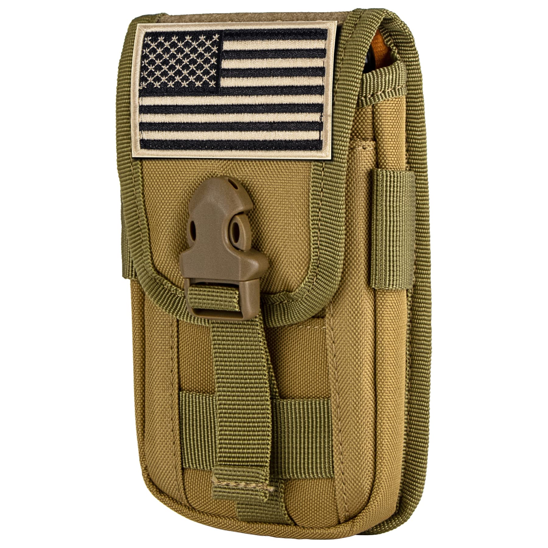 Tactical Phone Holster Pouch for iPhone 16 Pro/15 Pro - Molle Compatible Waist Belt Holder with US Flag Patch - Fits 4.7