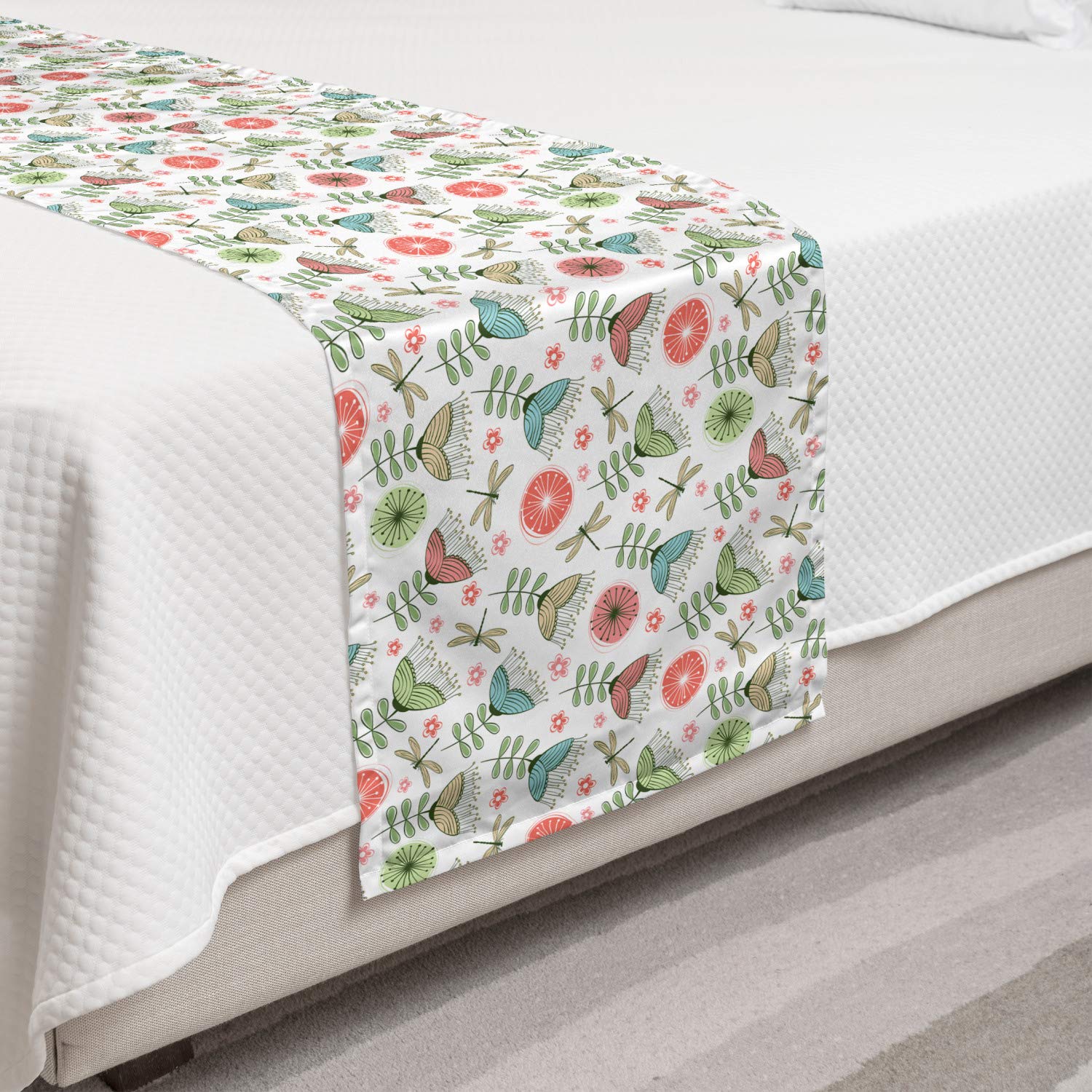 Ambesonne Floral Bed Runner - Hand-Drawn Doodle Art with Flowers, Petals & Dragonflies | Decorative Accent Bedding Scarf for Hotels, Homes & Guest Rooms | Perfect for Spring Decor, Wedding Bedding & Boho Chic Styling
