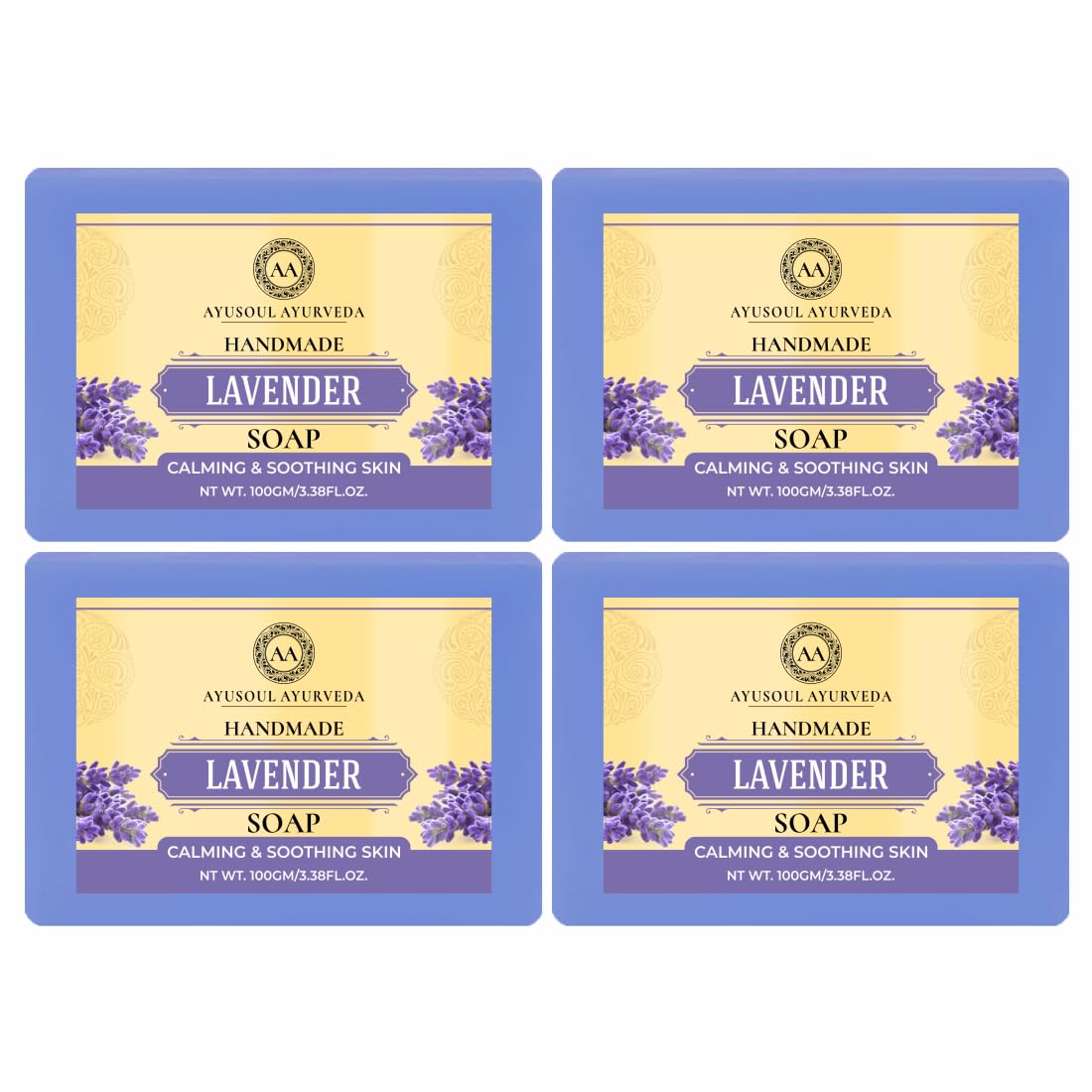 Ayusoul Ayurveda Herbal Lavender Bath Soap - 100% Natural, Soothing & Moisturizing for Dry & Sensitive Skin (Pack of 4) - Perfect for Relaxing Bath, Spa Day & Aromatherapy at Home