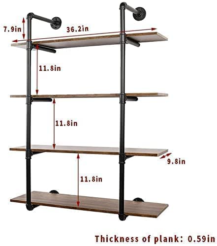 Industrial Pipe Shelving Wall Mounted - 36.2 Inch 4 Tier Floating Shelf Unit, Heavy Duty Metal Bookshelf for Bedroom, Kitchen, Office Storage | Space-Saving Wall Shelves for Home Organization & Decoration