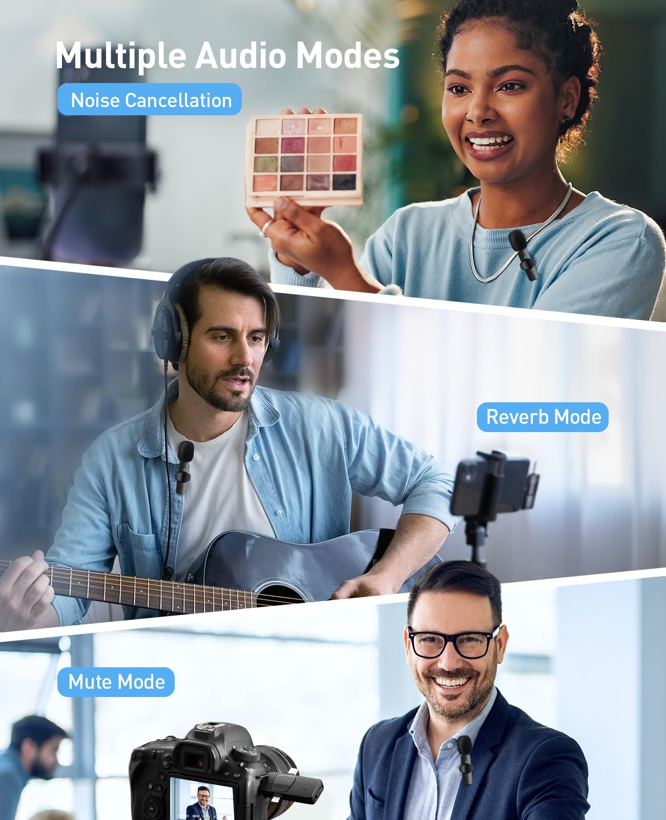 3-in-1 Wireless Lavalier Microphone Kit - Noise Cancelling Clip-on Mic for iPhone, Android, iPad & DSLR Cameras - Perfect for YouTube Vlogging, Podcasting, Interviews & Live Streaming (Includes USB-C/Lighting Adapters) - Ideal for Content Creators, Journalists & Remote Workers