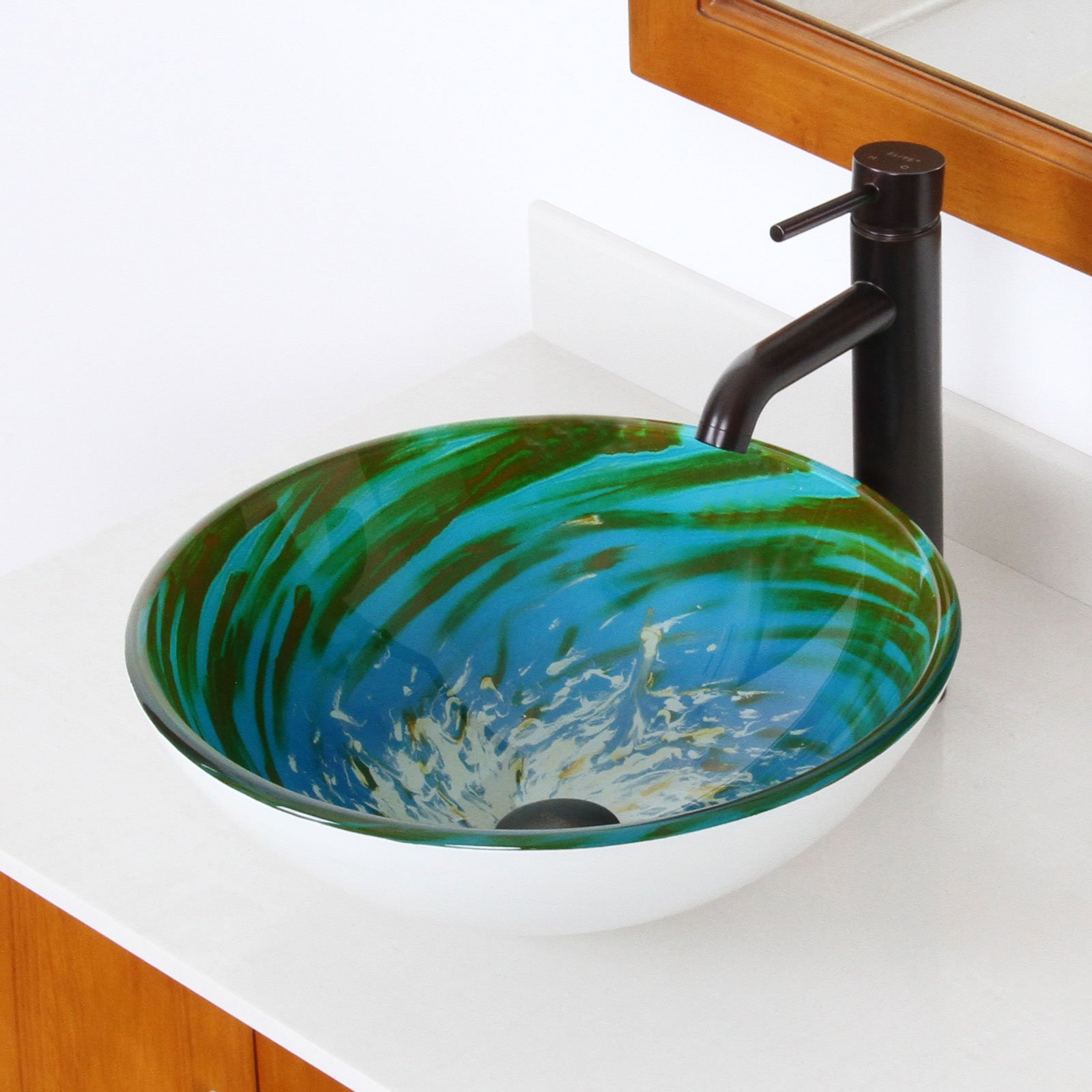 Premium Blue Pattern Tempered Glass Vessel Sink with Oil Rubbed Bronze Single Lever Faucet Set - Modern Bathroom Vanity Upgrade for Powder Rooms & Master Suites