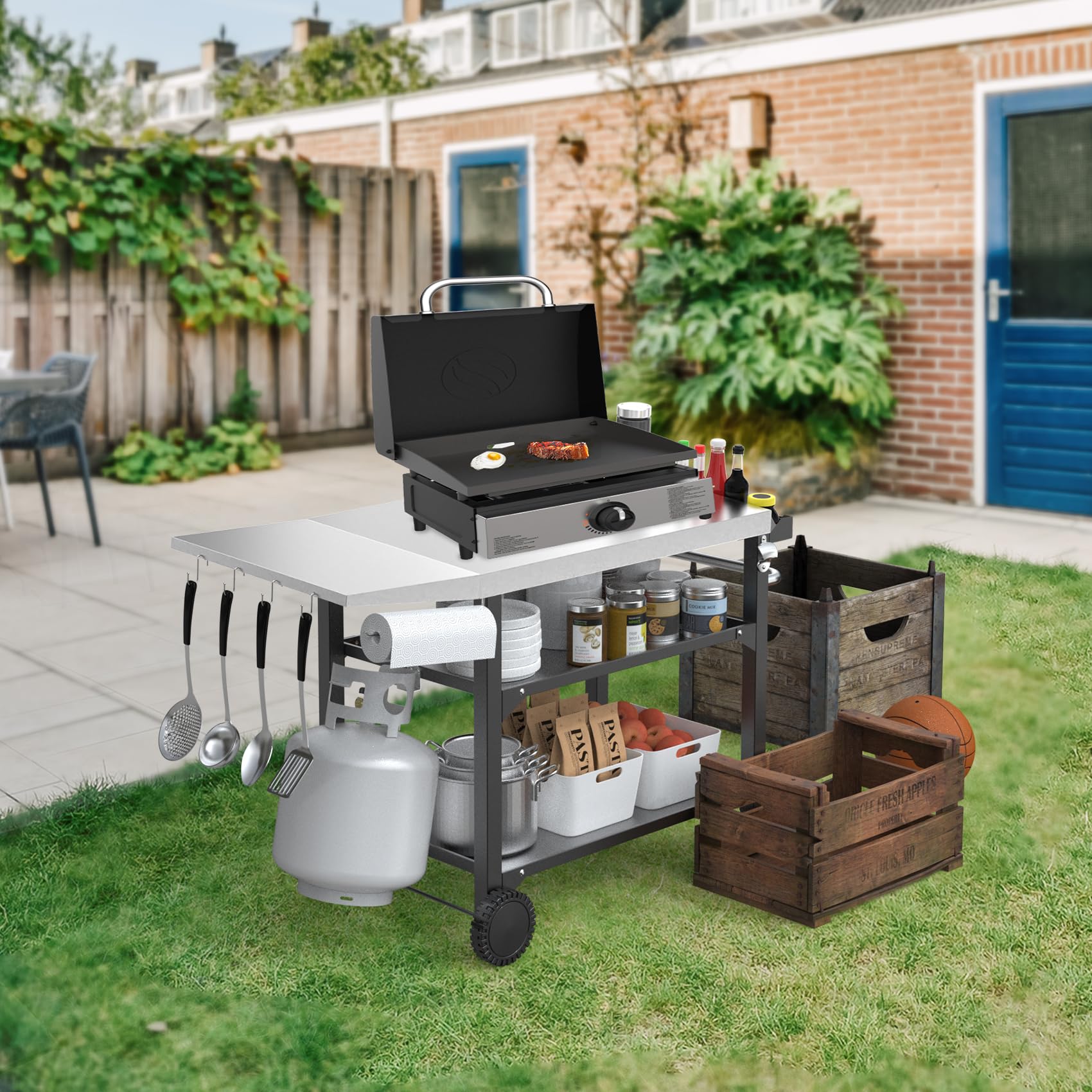**Skyflame Portable Outdoor Dining Cart with 3-Tier Stainless Steel Shelves – Heavy-Duty BBQ Grill Cart, Mobile Food Prep Table with Wheels for Kitchen, Pizza Oven, Patio & Backyard Grilling – Perfect for Outdoor Cooking, Entertaining & Camping**